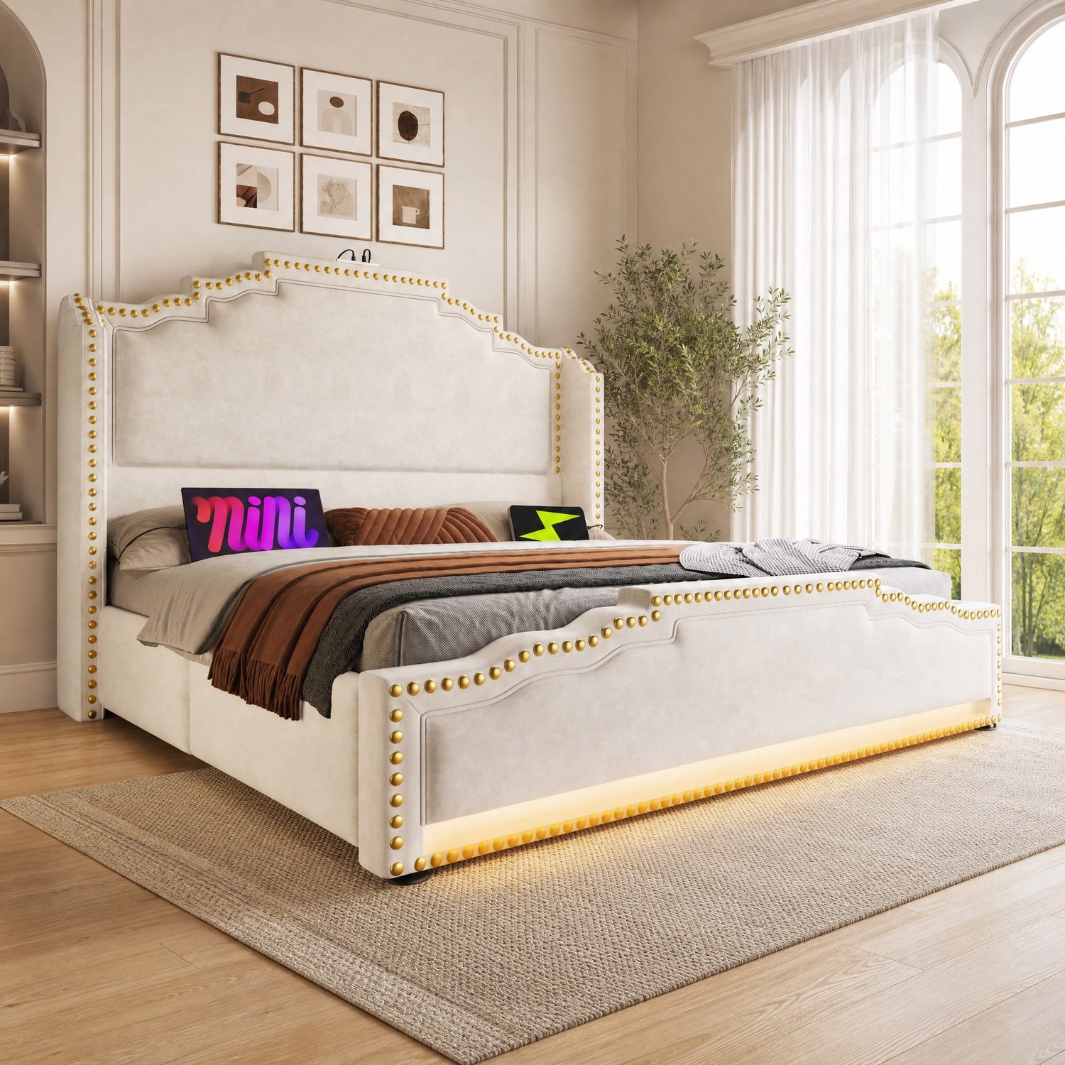 Maisentiel Gestoffeerd bed 140 x 200 cm met 4 lades, lattenbodem, ledverlichting en USB-C - beige