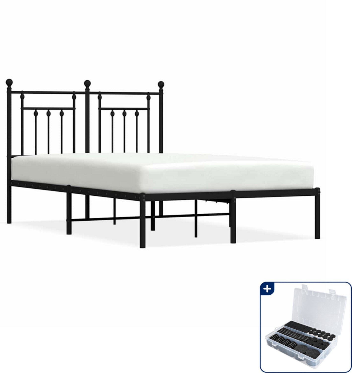 vidaXL Bedframe met hoofdbord - 135 x 190 cm - staal - zwart - Inclusief antikrasvilt 177-delig
