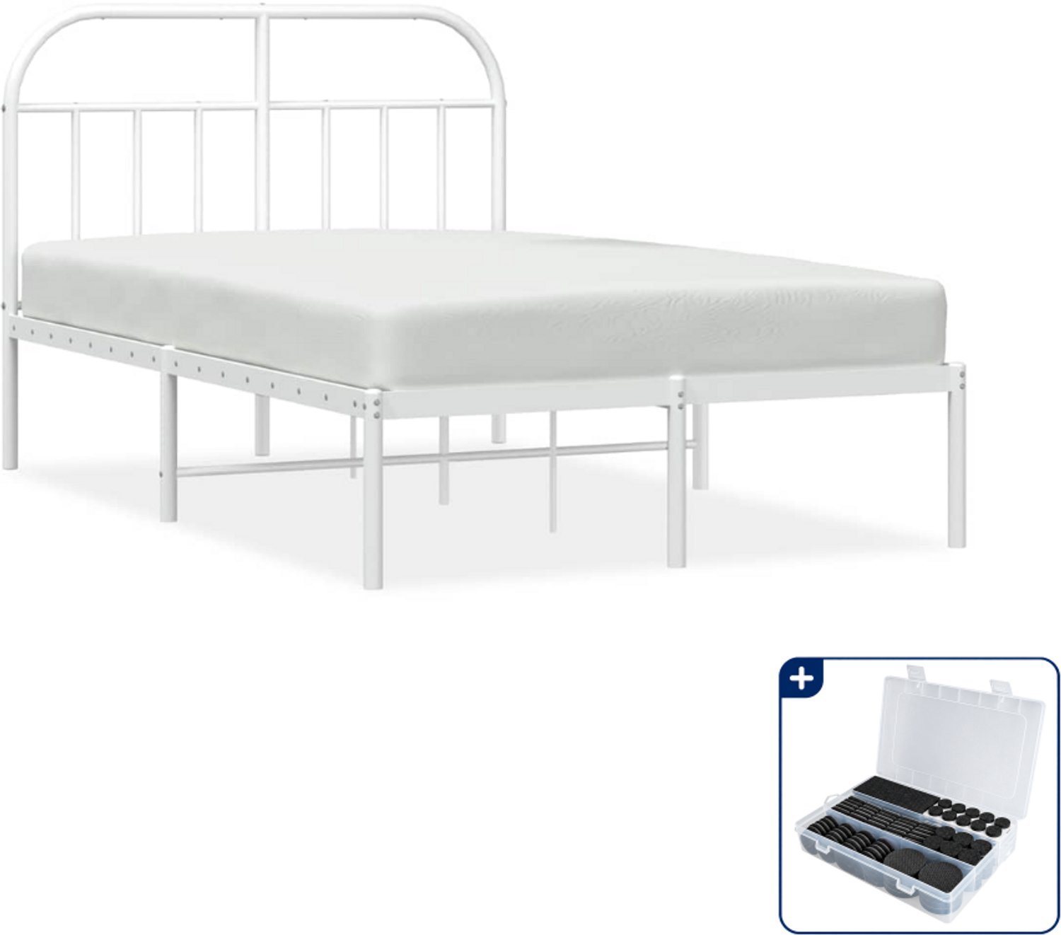 vidaXL bedframe met hoofdbord - 135 x 190 cm - staal - wit - Inclusief antikrasvilt 177-delig