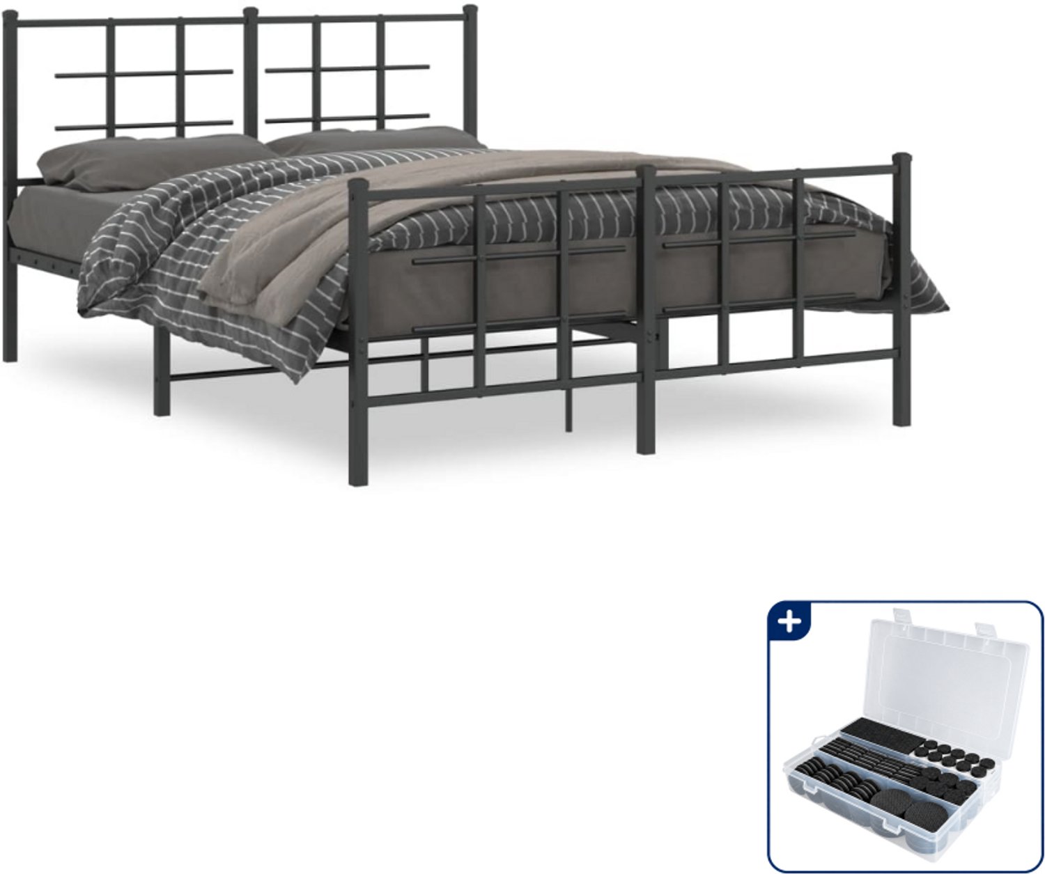 vidaXL bedframe - 135 x 190 cm - staal - zwart - Inclusief antikrasvilt 177-delig