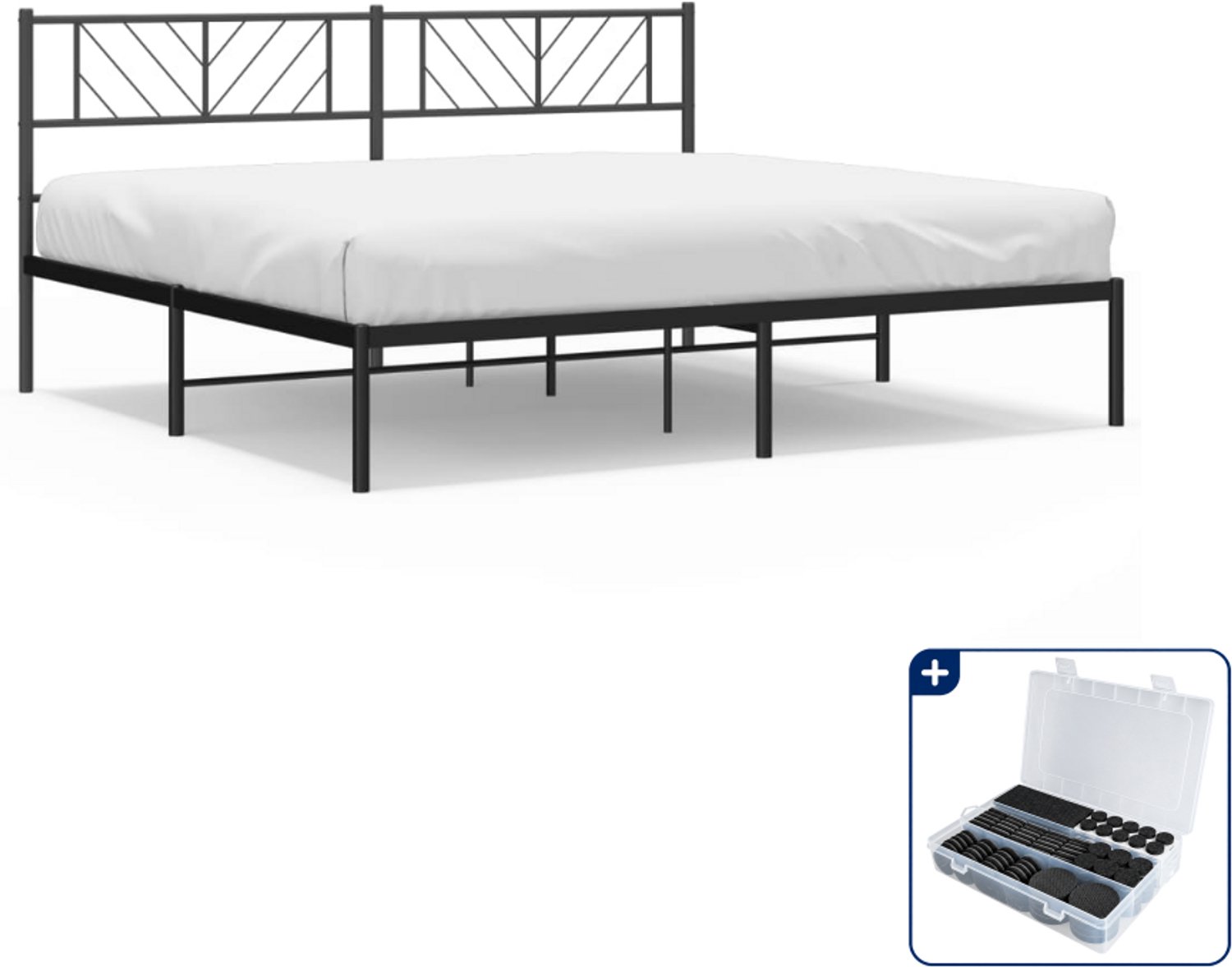 vidaXL bedframe met hoofdbord - 200 x 200 cm - staal - zwart - Inclusief antikrasvilt 177-delig