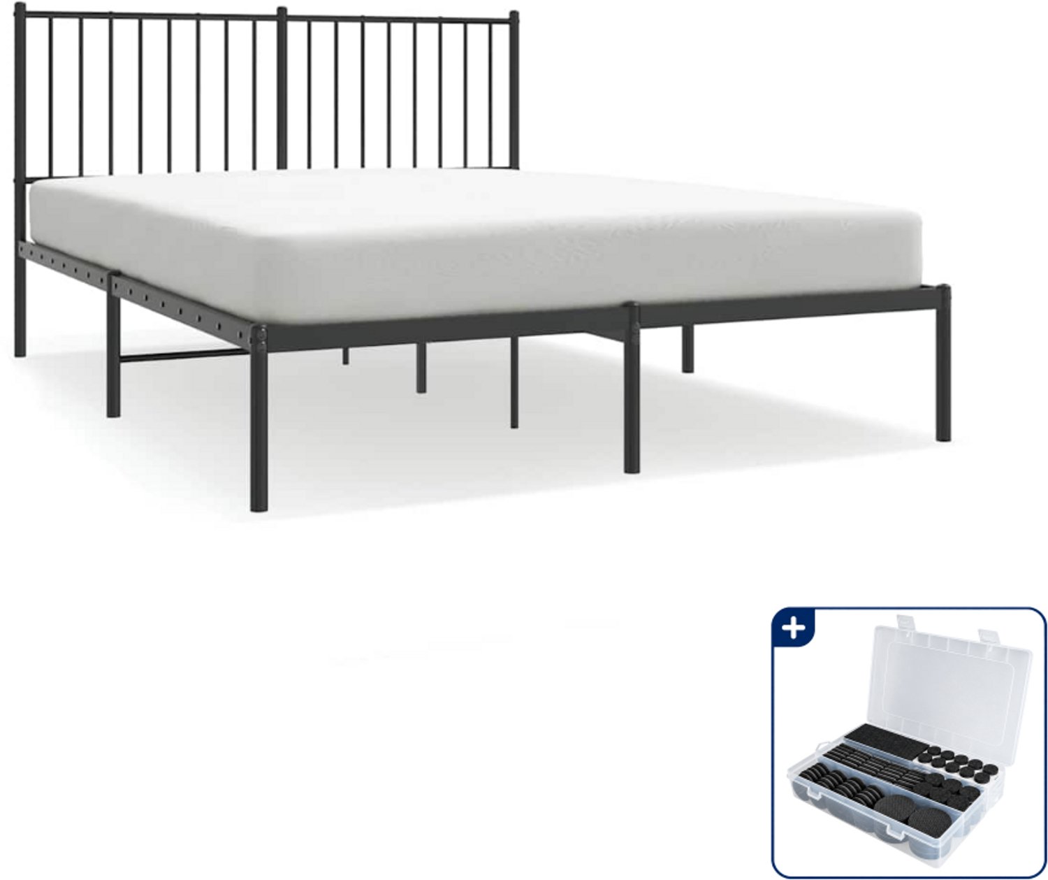 vidaXL bedframe met hoofdbord - 135 x 190 cm - staal - zwart - Inclusief antikrasvilt 177-delig