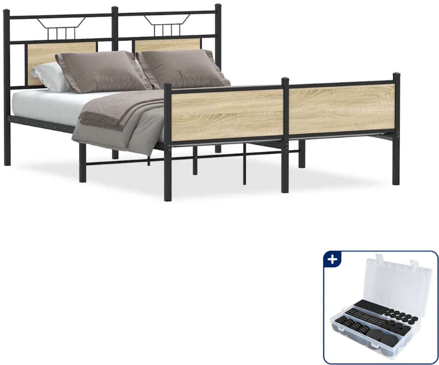 vidaXL bedframe - Small double - 140 x 200 cm - sonoma eiken - Inclusief antikrasvilt 177-delig Bruin