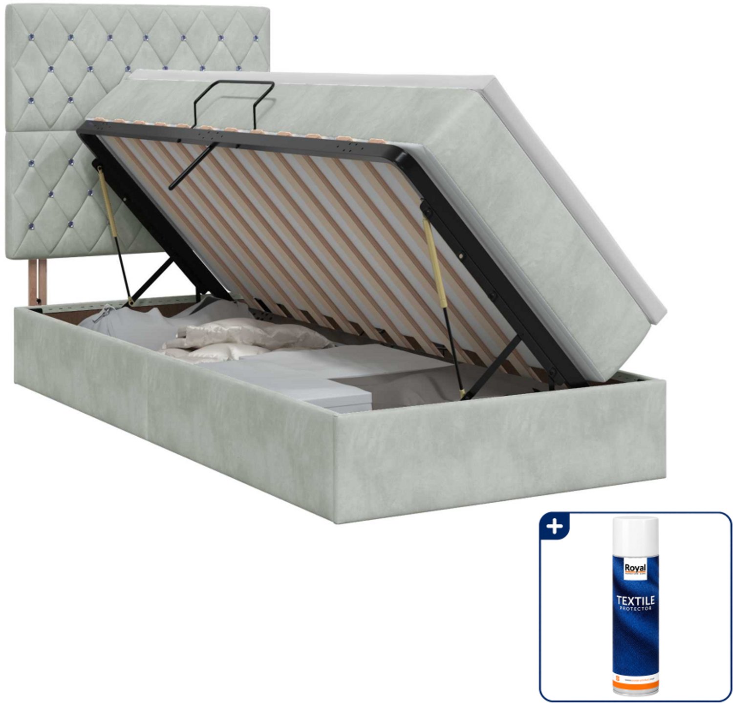 vidaXL Opbergbed met matras - 90 x 200 cm - fluweel - lichtgrijs - Inclusief textielbeschermer 500 ml