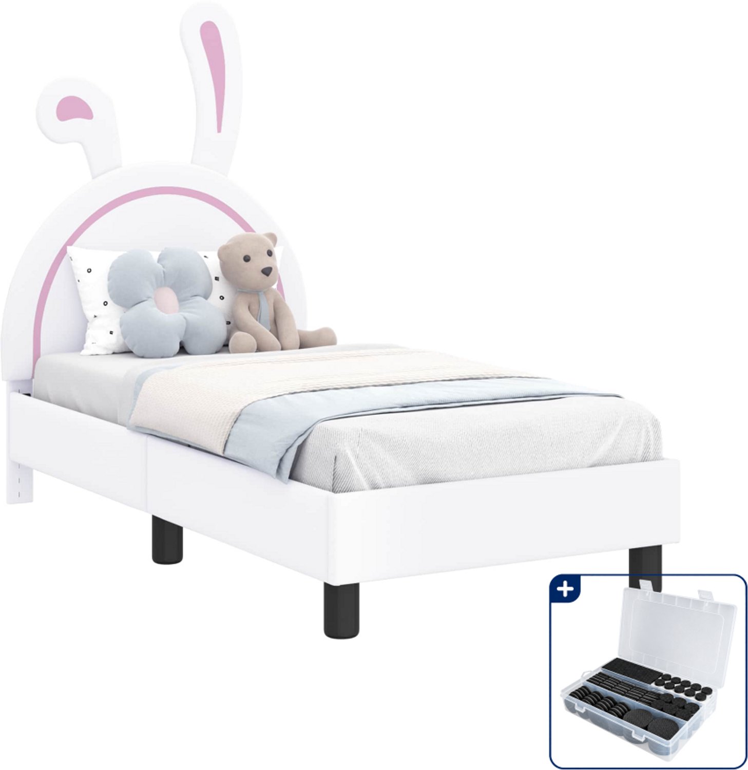 vidaXL peuterbedframe met hoofdbord - 70 x 140 cm - wit - Inclusief antikrasvilt 177-delig