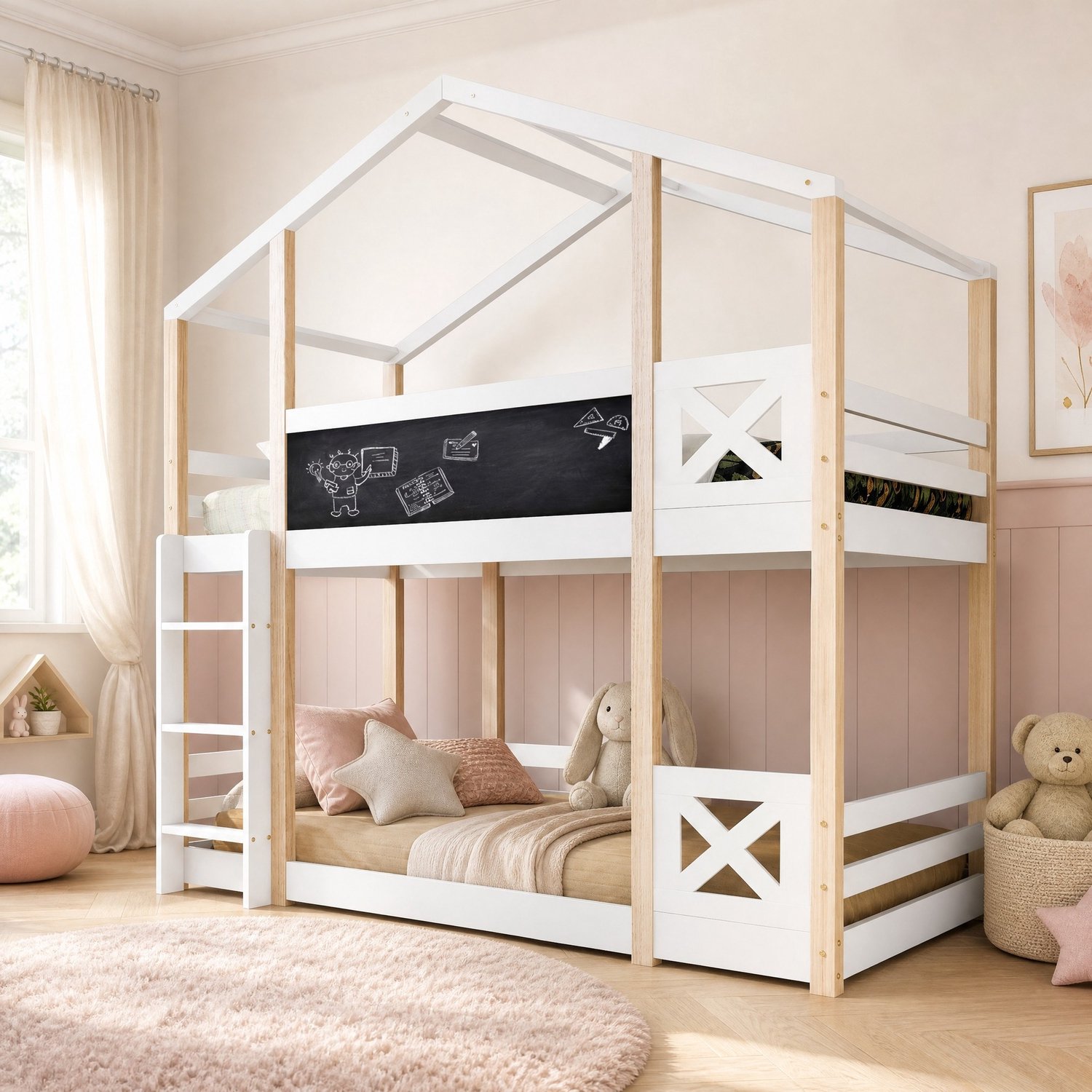 Maisentiel Kinderhoogslaper met dakvorm en ladder - 90 x 200 cm - wit en naturel