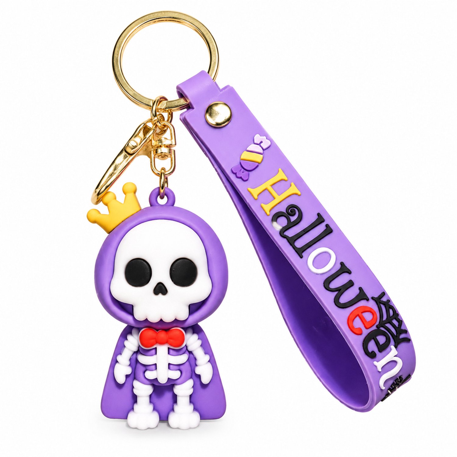 Sleutelhanger met Halloween-skelet van PVC, paarse lus, sleutelring en haak
