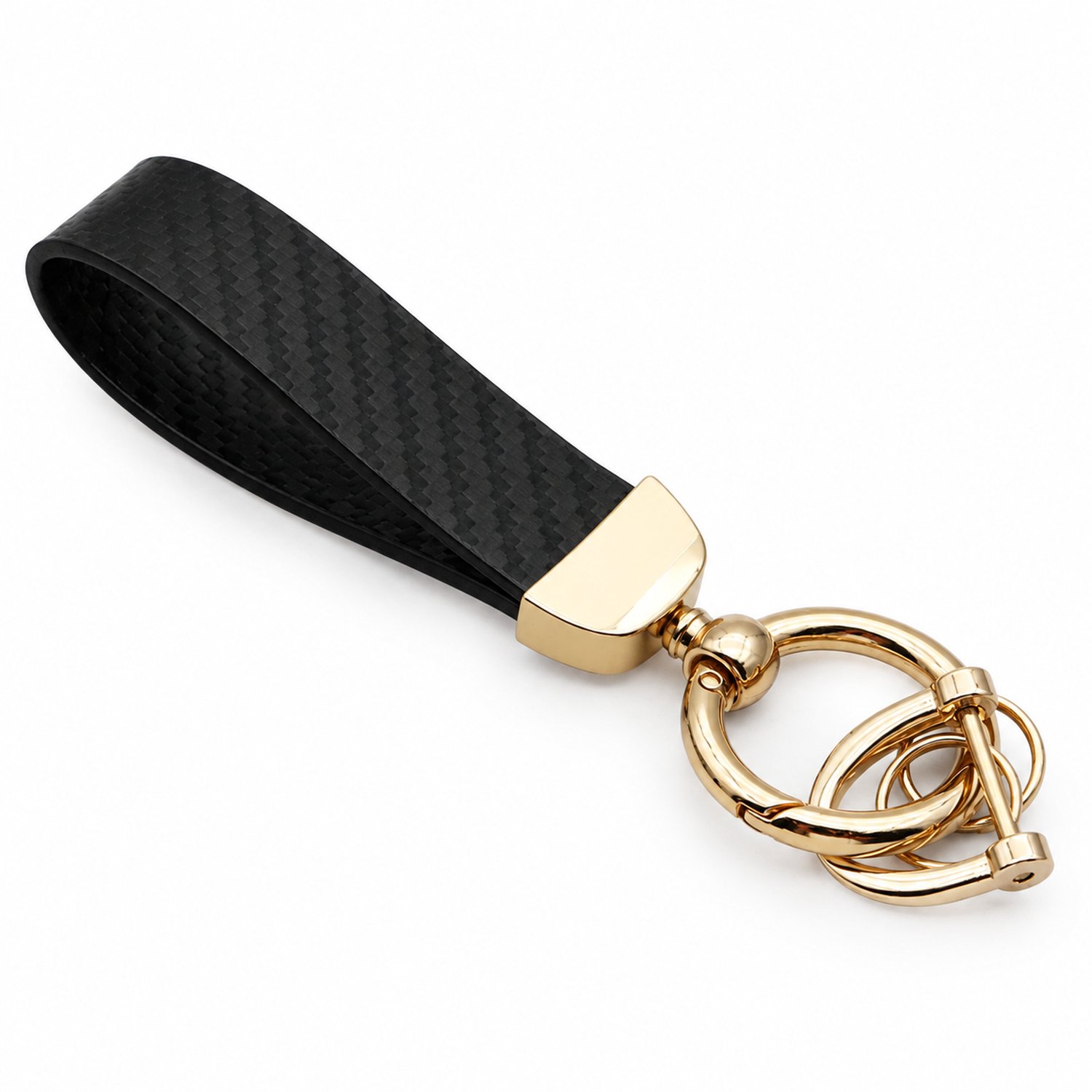 Sleutelhanger van leer met koolstofvezelpatroon, zwarte lus zonder stiksel, goudkleurige ringen, individueel verpakt