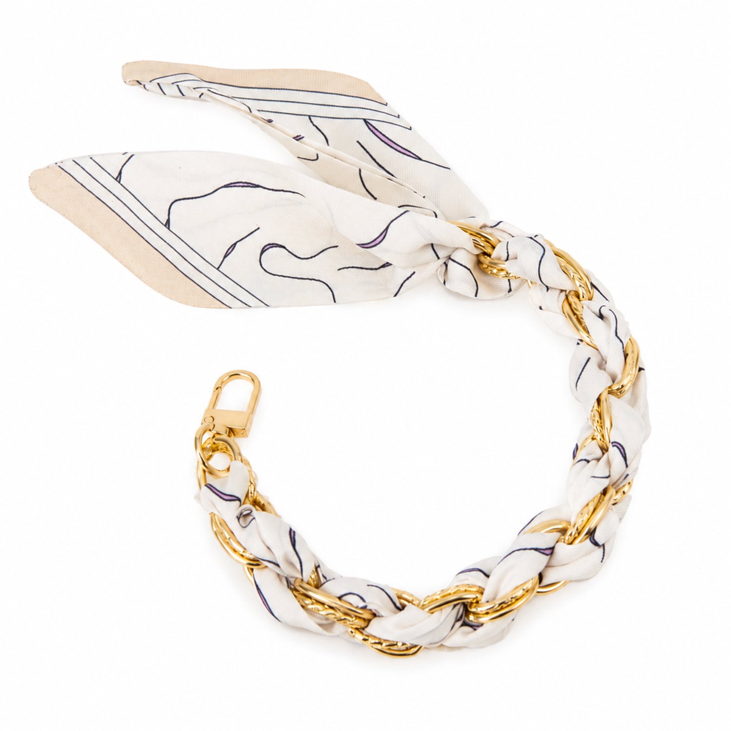 Telefoonkoord 32 cm - Korte polsketting met beige gestreepte band, goudkleurige schakels en metalen sluiting - Los verpakt