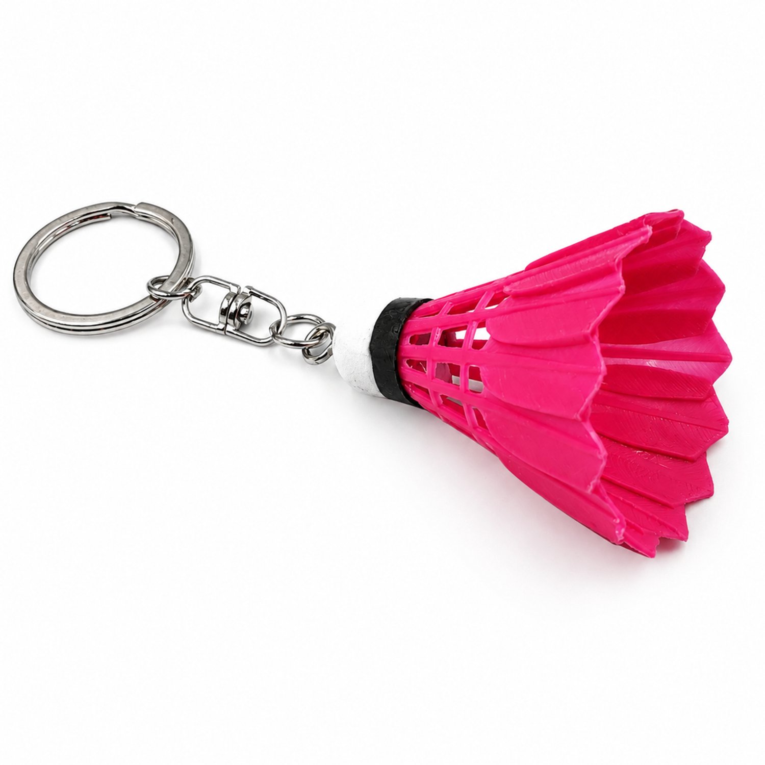 Sleutelhanger met miniatuur badmintonshuttle van PVC, fuchsiaroze, met sleutelring en verbindingsstuk, los verpakt
