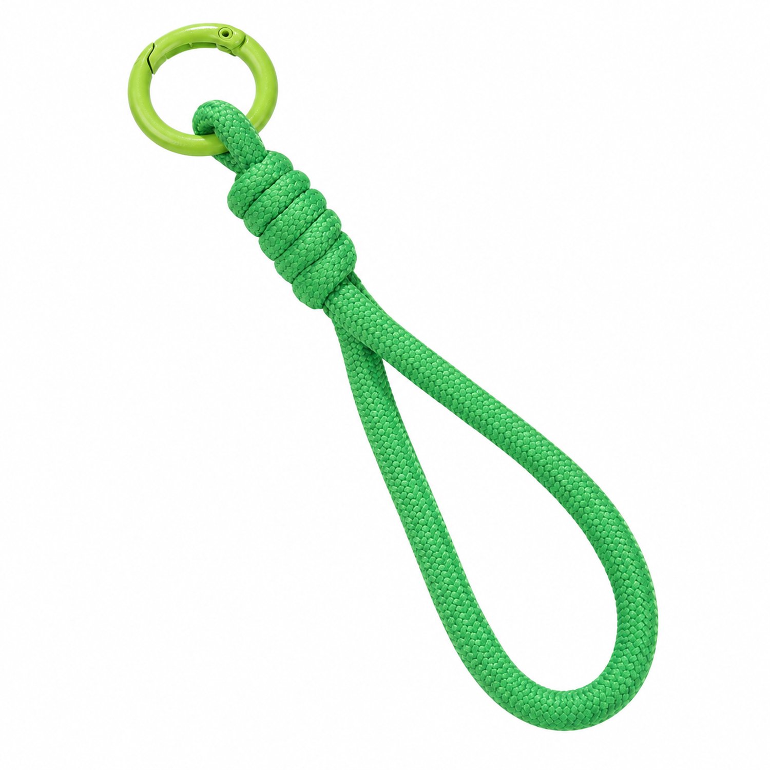 Groene sleutelhanger van gevlochten polyester met koordlus, handgemaakte wikkelknoop en ronde ring