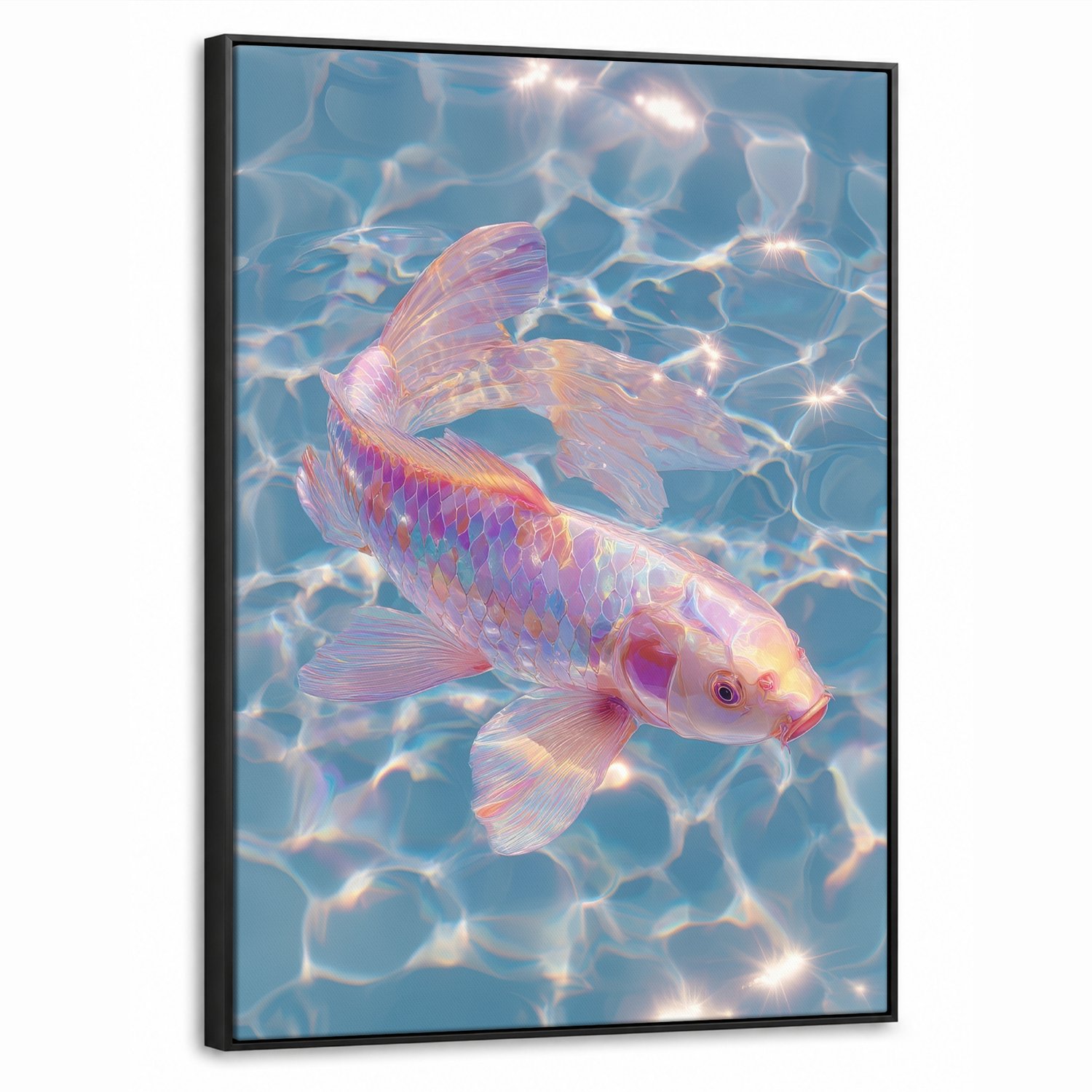 Canvas Schilderij met Baklijst 50x70cm - Vis - Water - Blauw - Licht - Muurdecoratie woonkamer - Slaapkamer decoratie - Kamer accessoires - Schilderijen op canvas met lijst