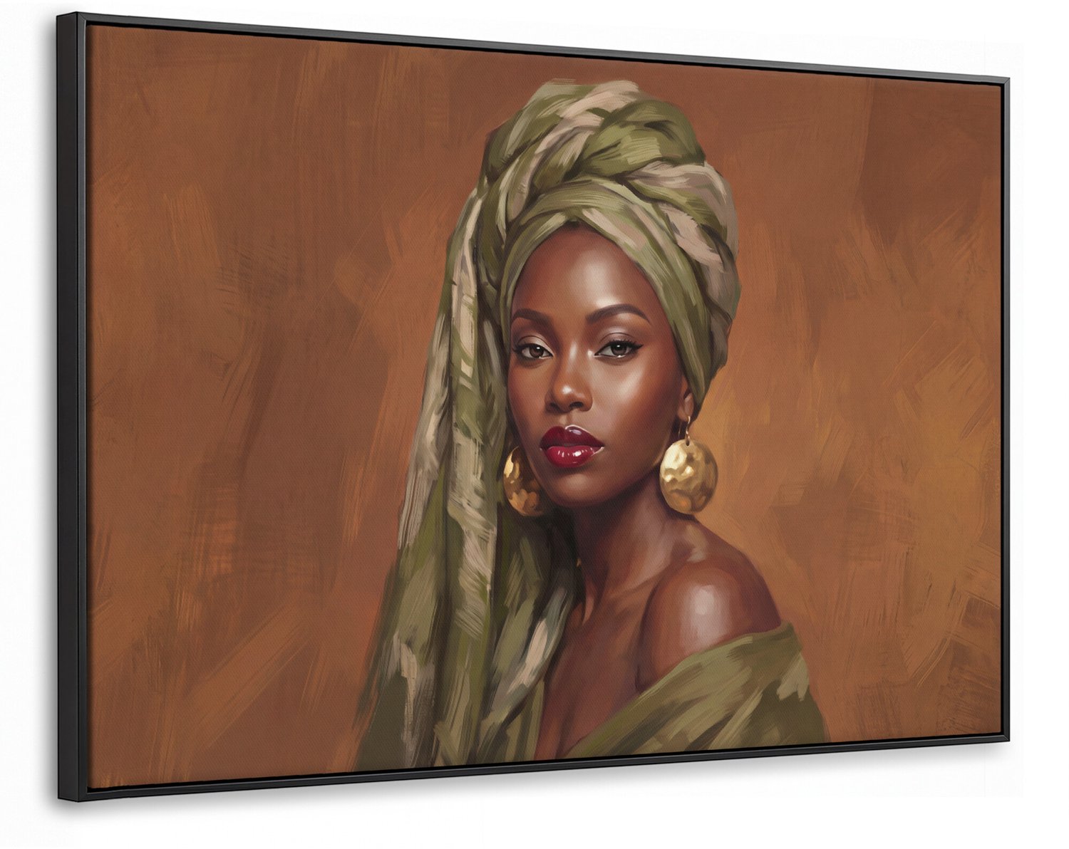 Canvas Schilderij met Baklijst 90x60cm - Vrouw - Hoofddoek - Groen - Muurdecoratie woonkamer - Slaapkamer decoratie - Kamer accessoires - Schilderijen op canvas met lijst