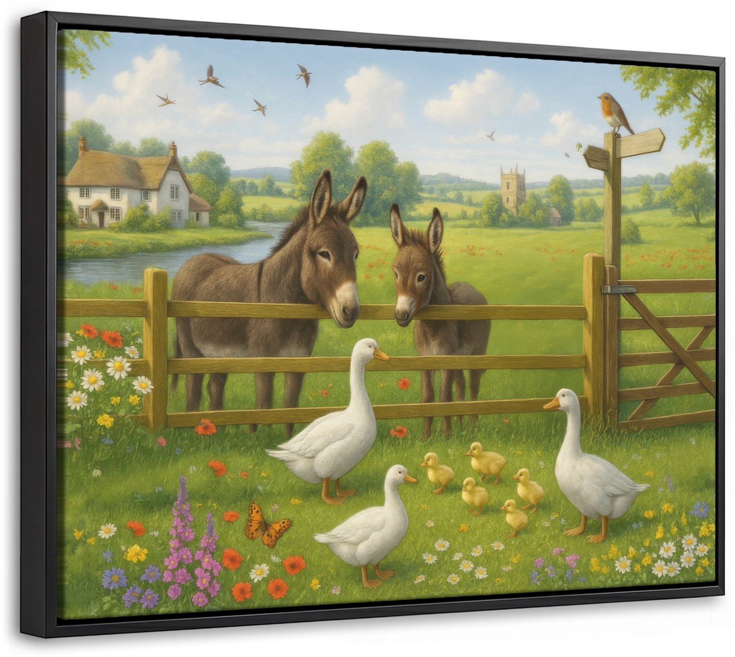 Canvas Schilderij met Baklijst 40x30cm - Ezels - Ganzen - Kleurrijk - Muurdecoratie woonkamer - Slaapkamer decoratie - Kamer accessoires - Schilderijen op canvas met lijst