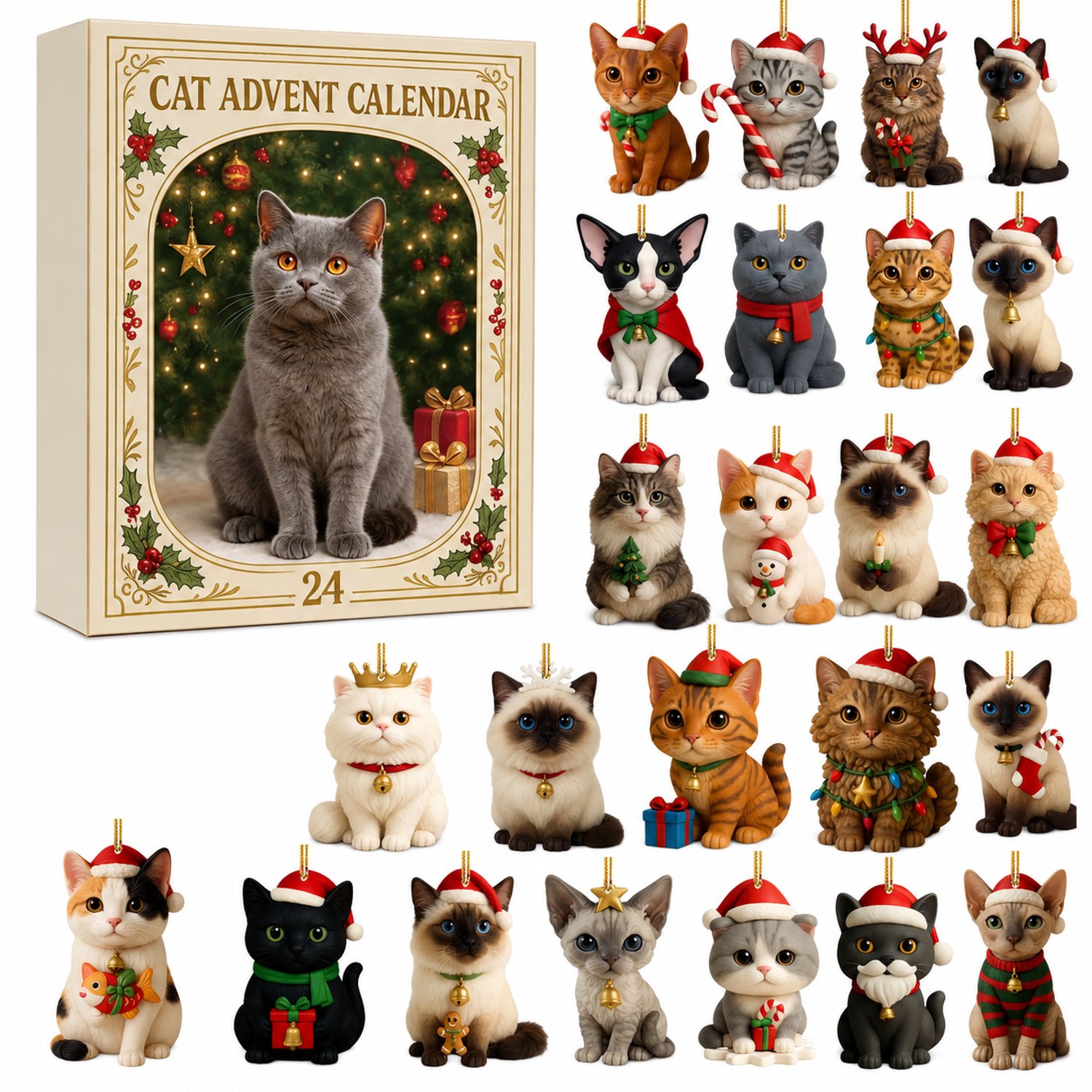 Katten-adventskalender met 24 vakjes - Platte kersthangers met ophangkoord - In kartonnen doos
