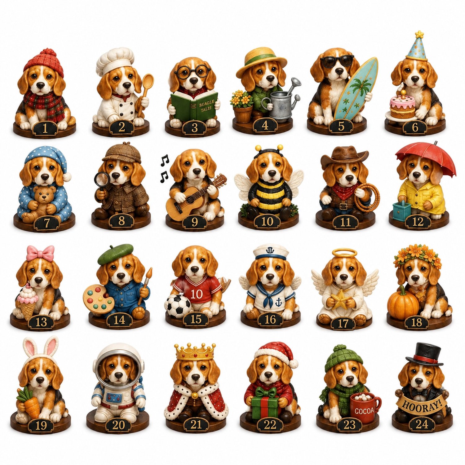 Adventskalender met beaglefiguurtjes, 24 genummerde decoraties in een doos met wintermotief