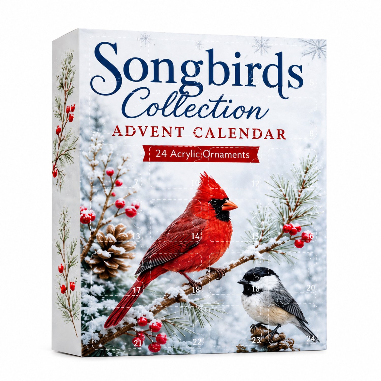 SWGOTA Adventskalender 2026 met 24 vogelornamenten - Met ophanglus en voet met Engelse vogelnaam - Verpakking 26 x 18 x 3 cm Blauw