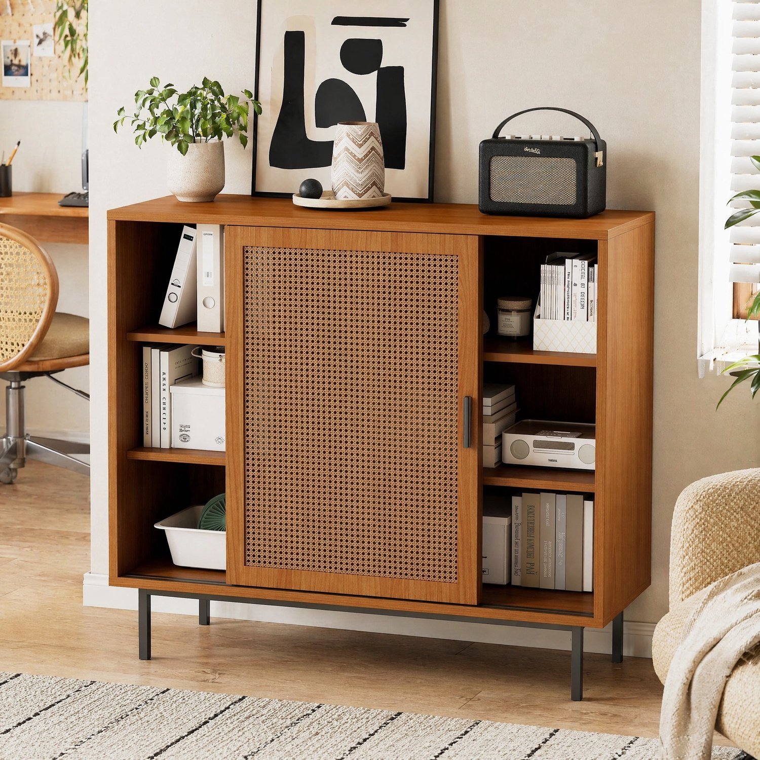 Maisentiel Dressoir met 2 schuifdeuren en verstelbare plank - walnootkleur - 100 x 37 x 90 cm