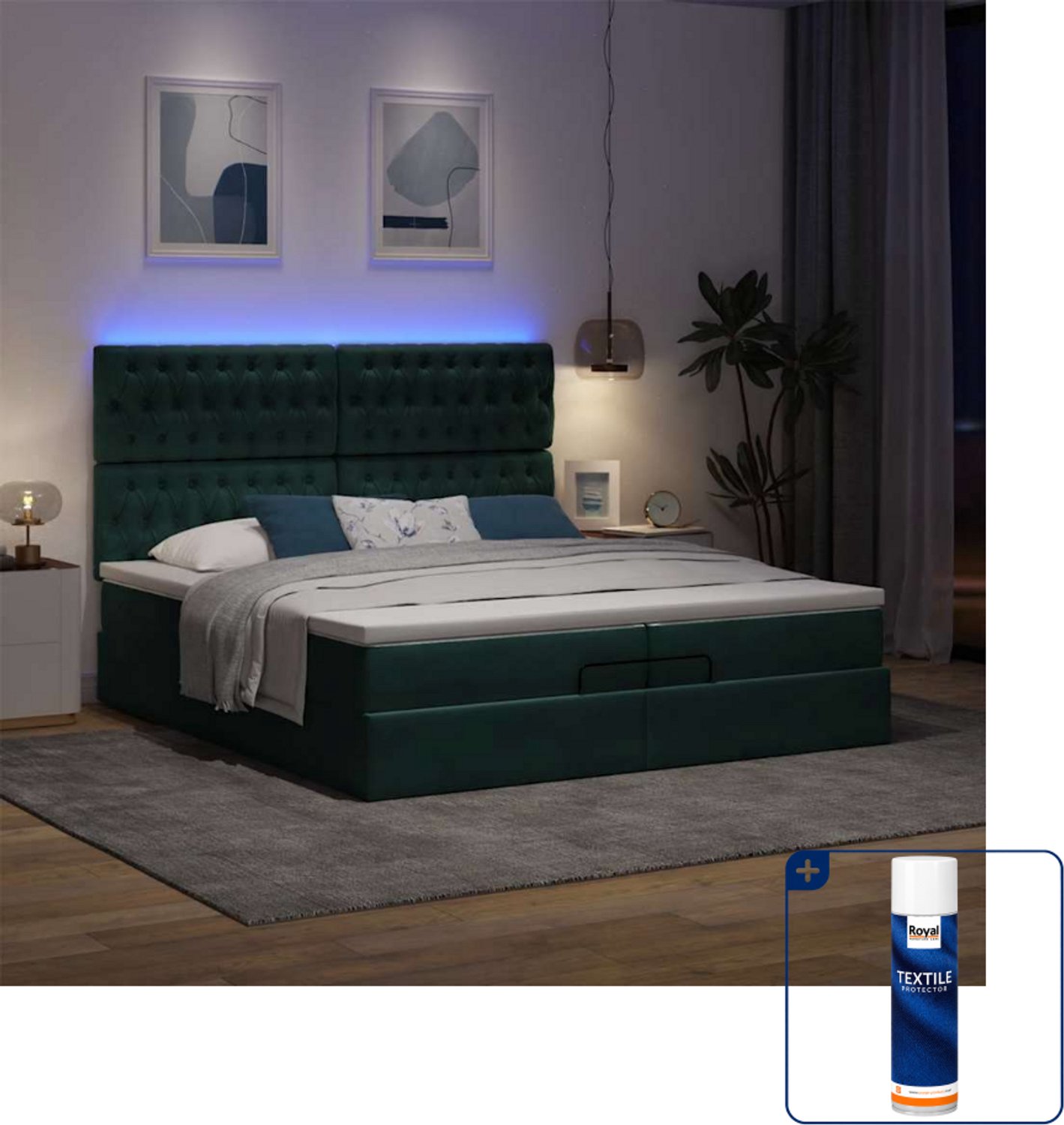 vidaXL Super kingsize bed met matrassen en led - 200 x 200 cm - fluweel - donkergroen - Inclusief textielbeschermer 500 ml
