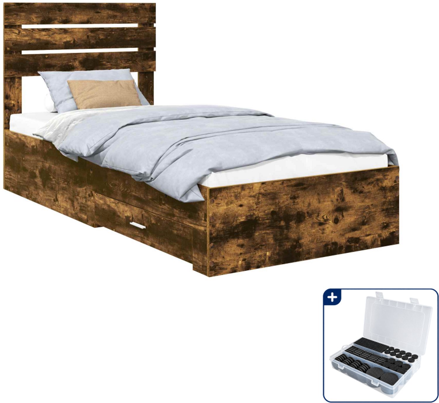 vidaXL bedframe - 75 x 190 cm - bewerkt hout - gerookt eiken en zilver - Inclusief antikrasvilt 177-delig