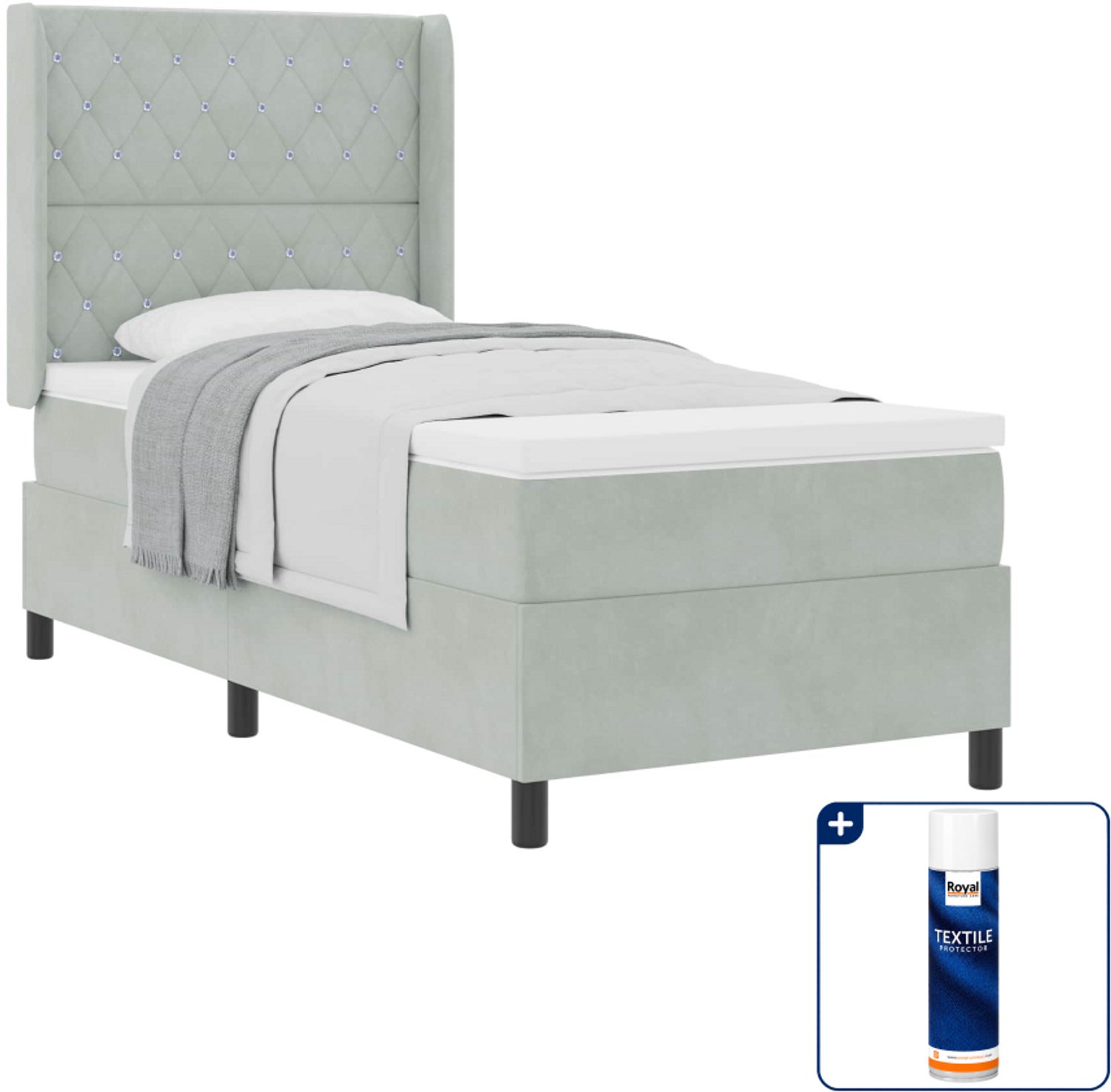 vidaXL boxspringbed - 90 x 190 cm - fluweel - lichtgrijs - Inclusief textielbeschermer 500 ml