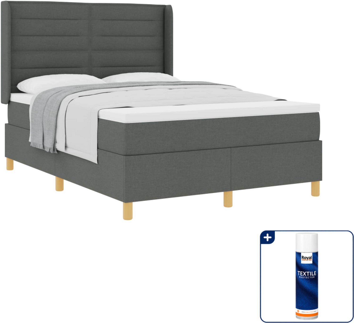 vidaXL Boxspringbed met matras - 140 x 190 cm - stof - donkergrijs - Inclusief textielbeschermer 500 ml