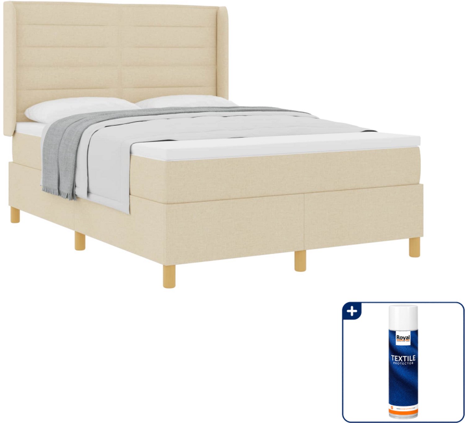 vidaXL boxspringbed met matras 140 x 190 cm - stof - crème - Inclusief textielbeschermer 500 ml