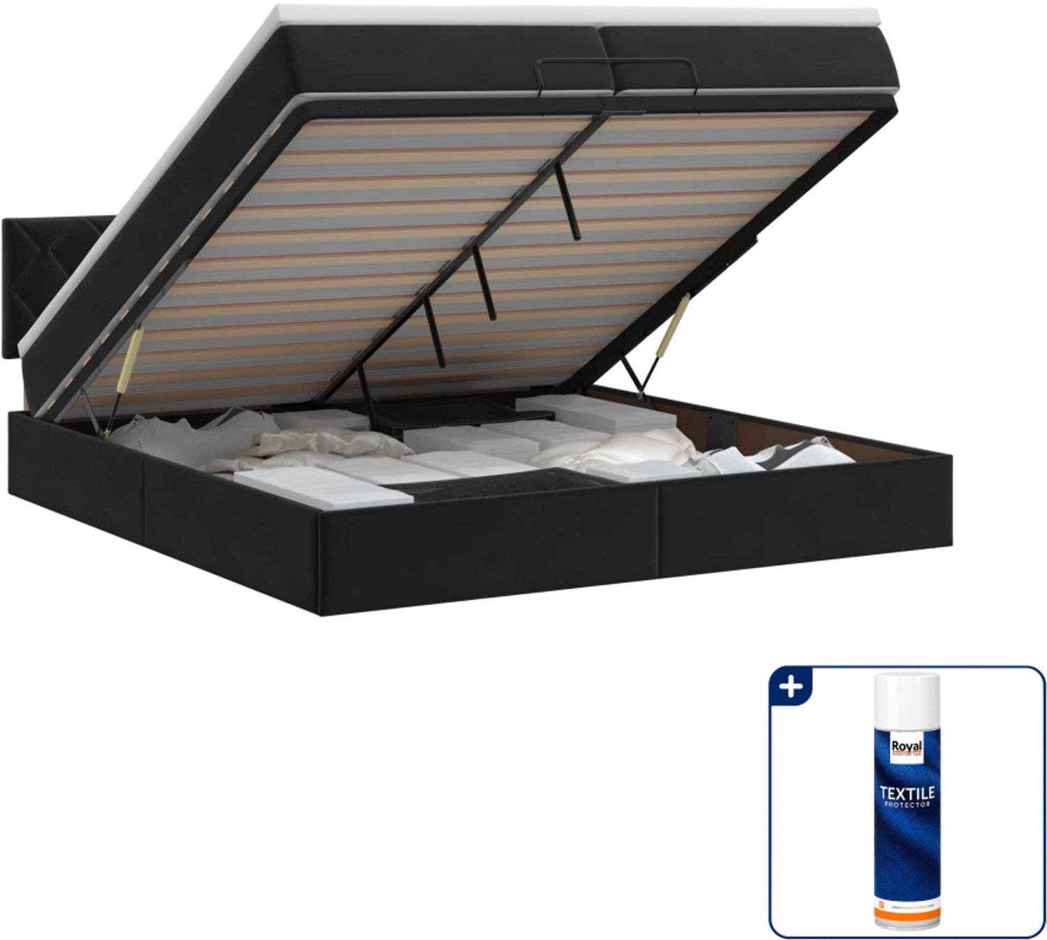 vidaXL Ottoman bed met matras - 200 x 200 cm - fluweel - zwart - Inclusief textielbeschermer 500 ml
