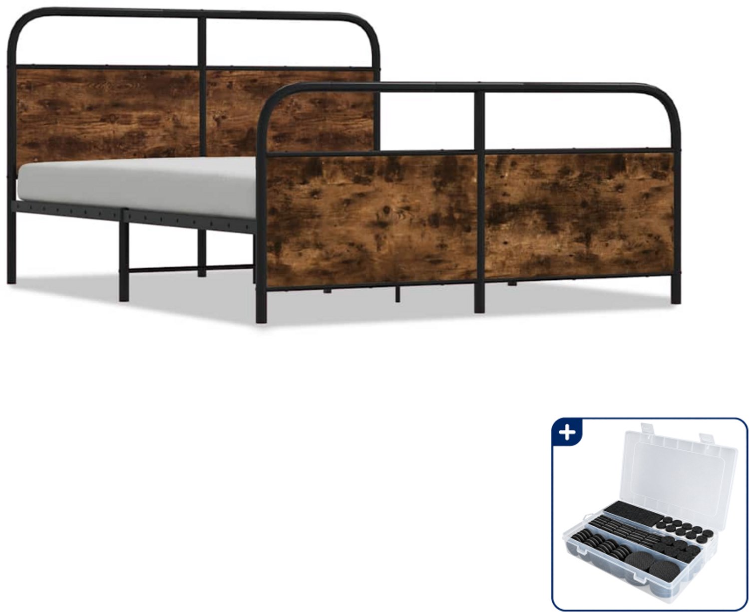 vidaXL Bedframe - 150 x 200 cm - metaal en bewerkt hout - gerookt eiken - Inclusief antikrasvilt 177-delig Bruin