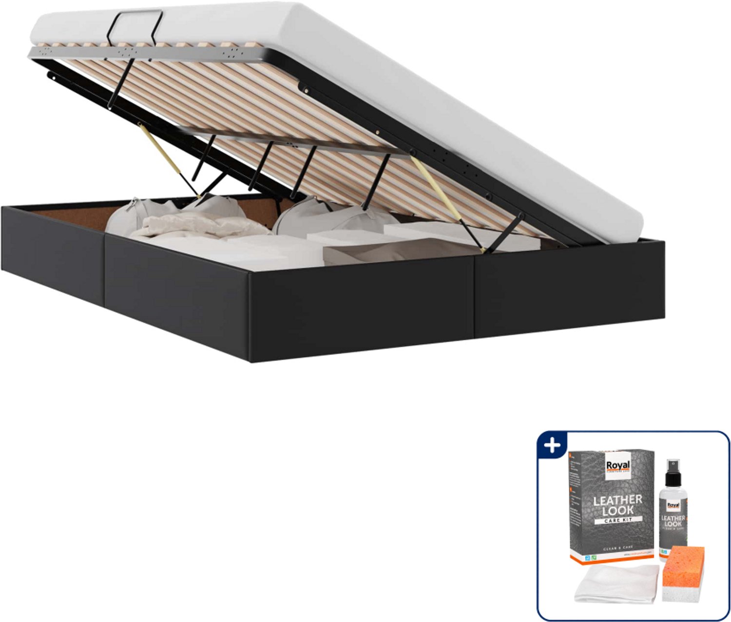 vidaXL ottoman bedframe - Small double - 140 x 200 cm - kunstleer - zwart - Inclusief onderhoudsset voor kunstleer 150 ml