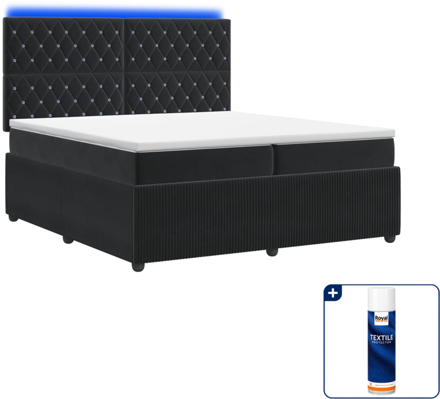 vidaXL LED Boxspring Super kingsize - 200 x 200 cm - Zwart - Inclusief textielbeschermer 500 ml