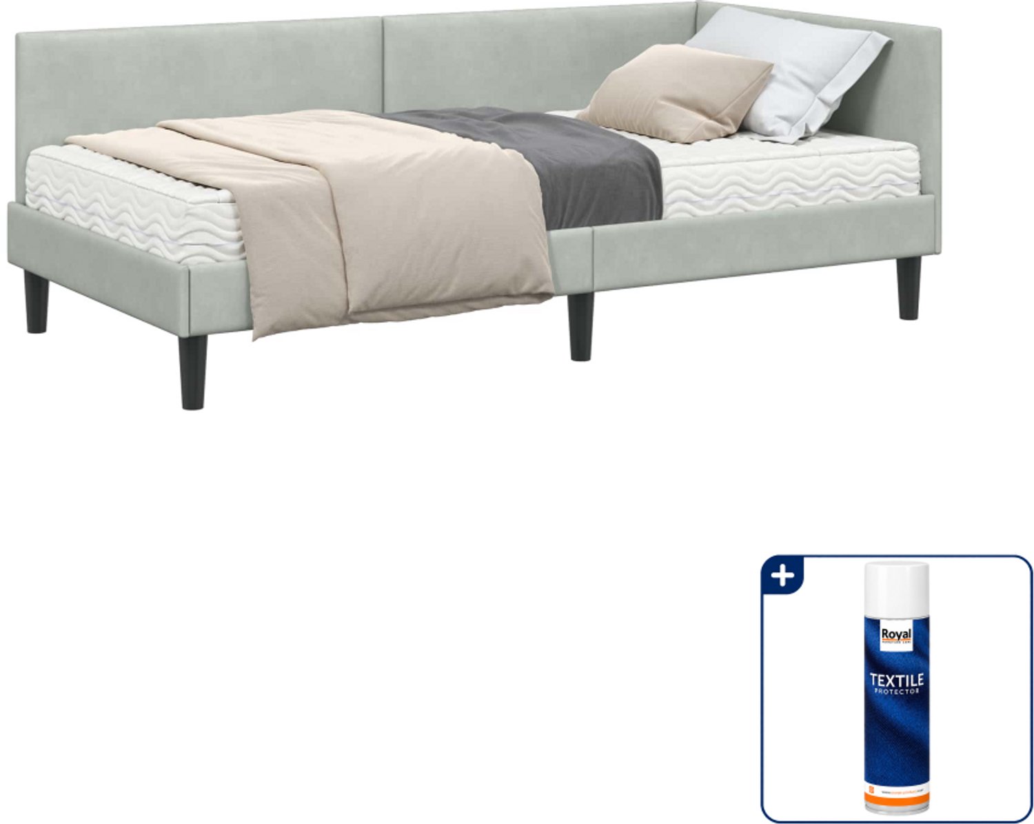 vidaXL hoekbedframe met matras - 90 x 190 cm - fluweel - lichtgrijs - Inclusief textielbeschermer 500 ml
