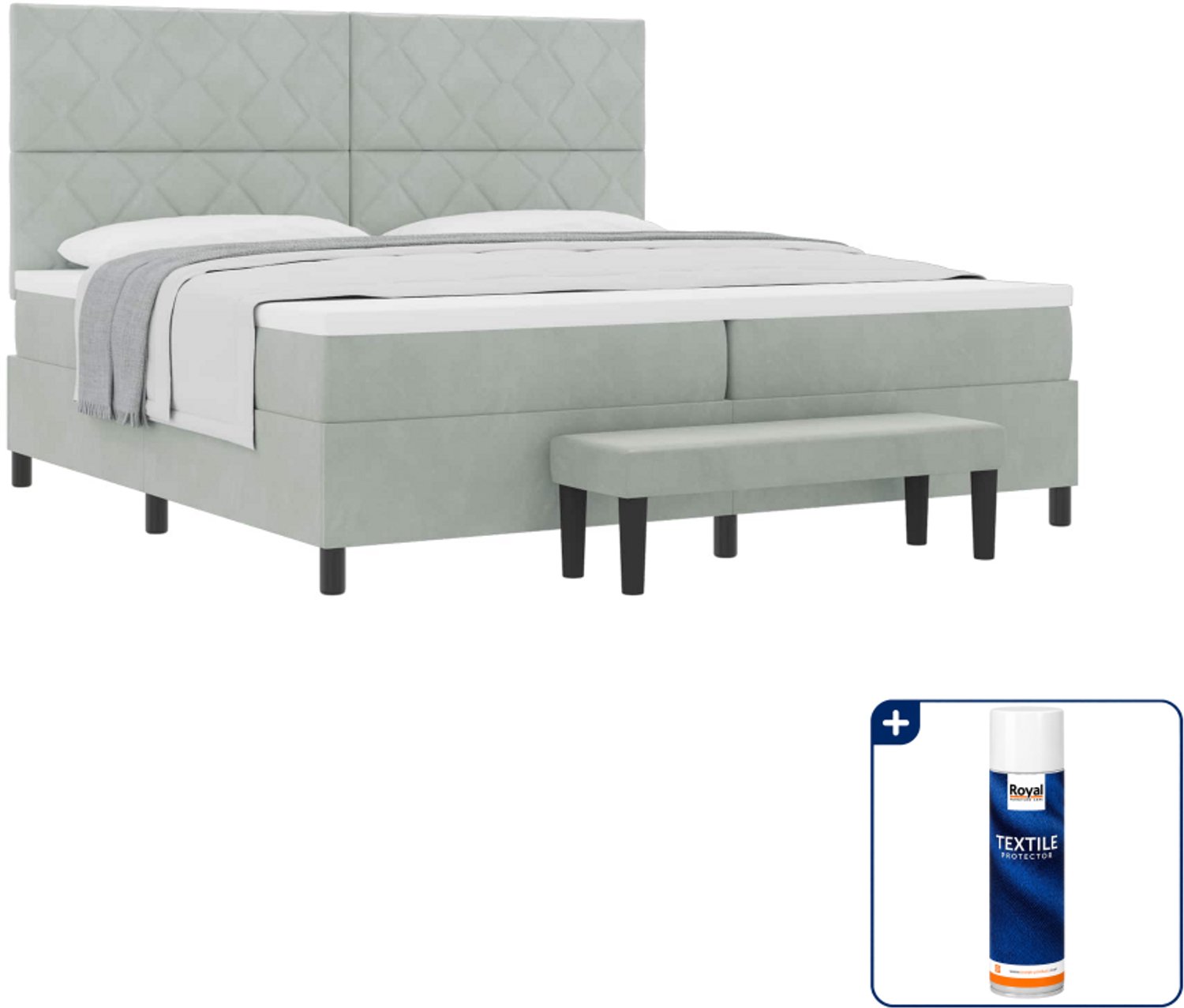 vidaXL Boxspring - 200 x 200 cm - fluweel - lichtgrijs - Inclusief textielbeschermer 500 ml