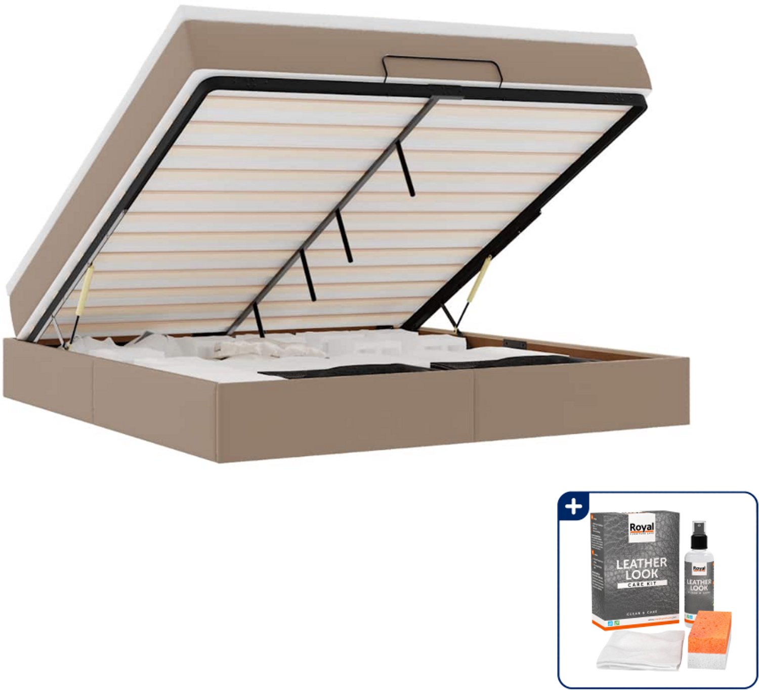 vidaXL ottoman bed met matras - queensize - 160 x 200 cm - cappuccino - Inclusief onderhoudsset voor kunstleer 150 ml Crème