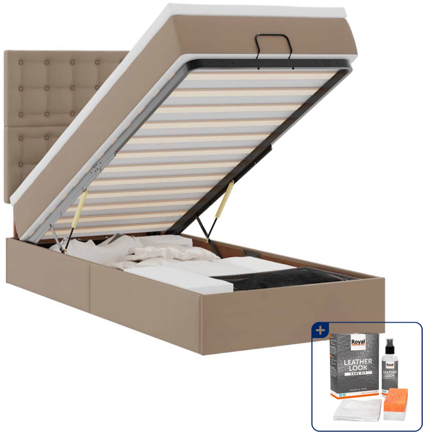 vidaXL ottomaan bed - 90 x 190 cm - kunstleer - cappuccino - Inclusief onderhoudsset voor kunstleer 150 ml Grijs