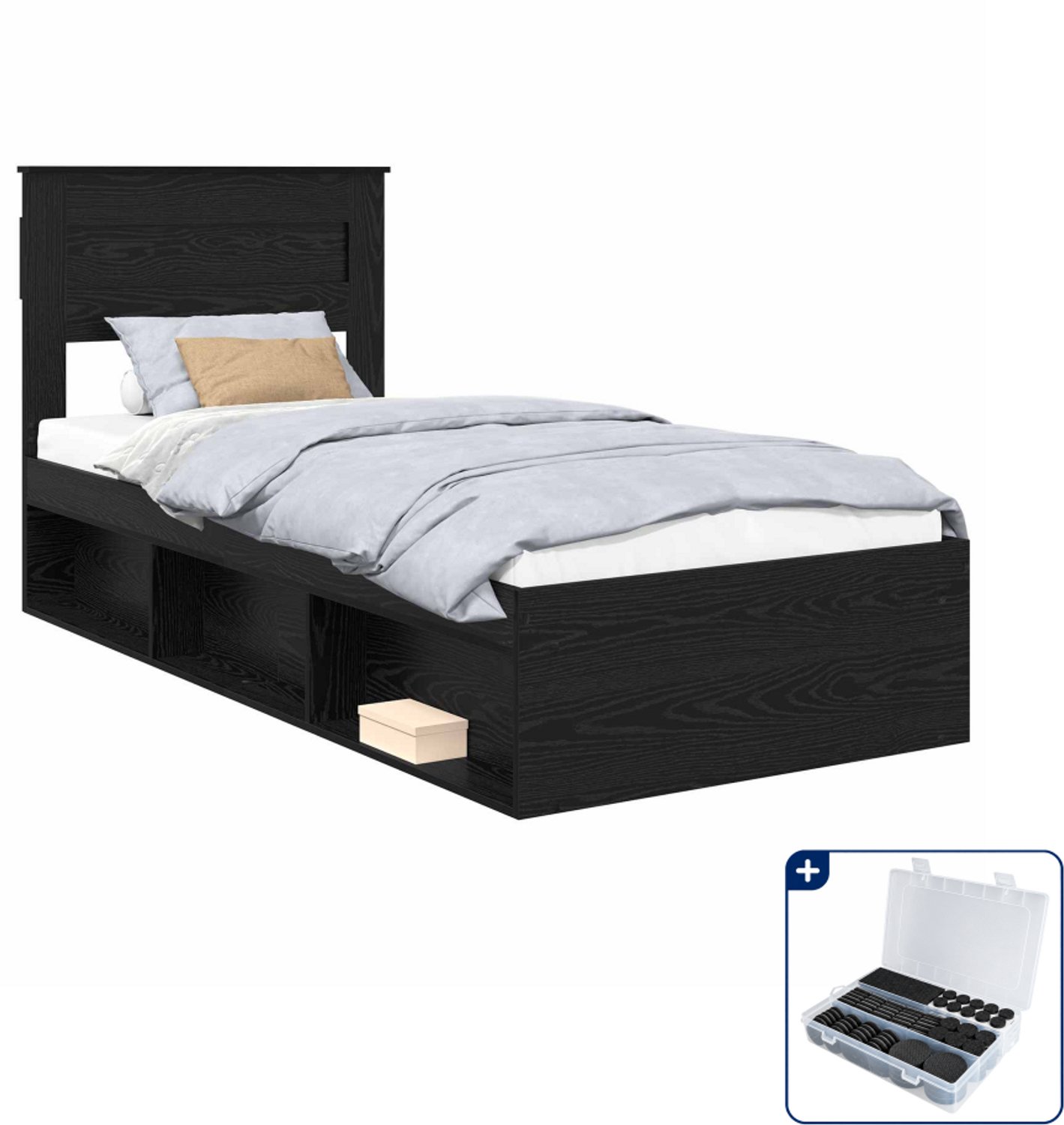 vidaXL bedframe - 75 x 190 cm - bewerkt hout - zwart eiken - Inclusief antikrasvilt 177-delig Bruin