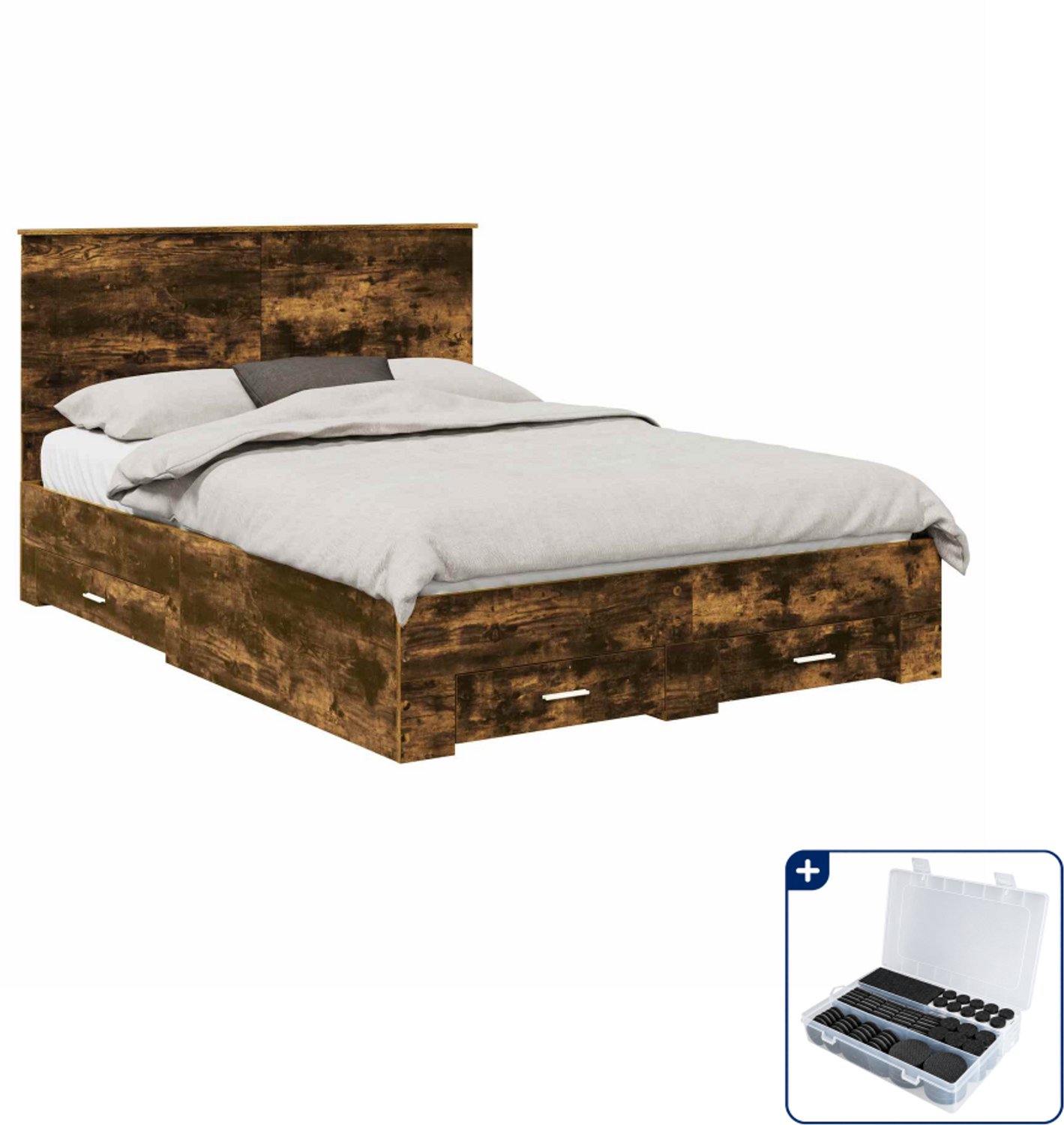 vidaXL bedframe - 150 x 200 cm - bewerkt hout - gerookt eiken - Inclusief antikrasvilt 177-delig Bruin