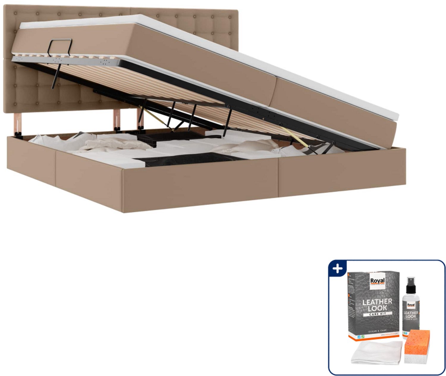 vidaXL opbergbed - 200 x 200 cm - kunstleer - cappuccino - Inclusief onderhoudsset voor kunstleer 150 ml Lichtgrijs