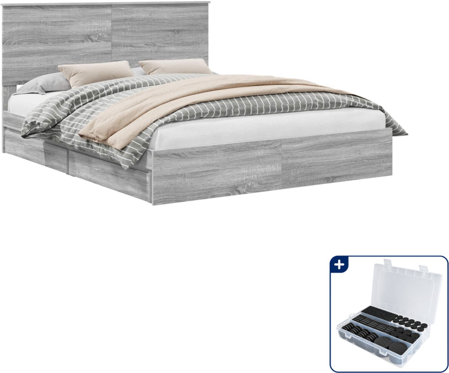 vidaXL bed met lade - Queensize - 160 x 200 cm - grijs sonoma - Inclusief antikrasvilt 177-delig Zwart