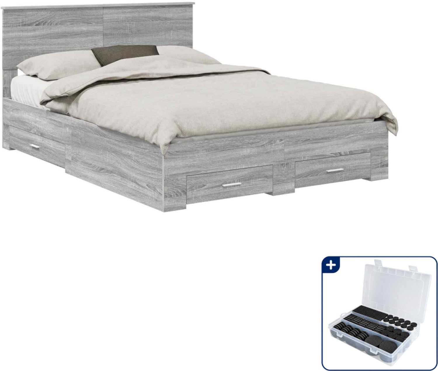 vidaXL bedframe met lade - 135 x 190 cm - bewerkt hout - grijs sonoma - Inclusief antikrasvilt 177-delig Bruin