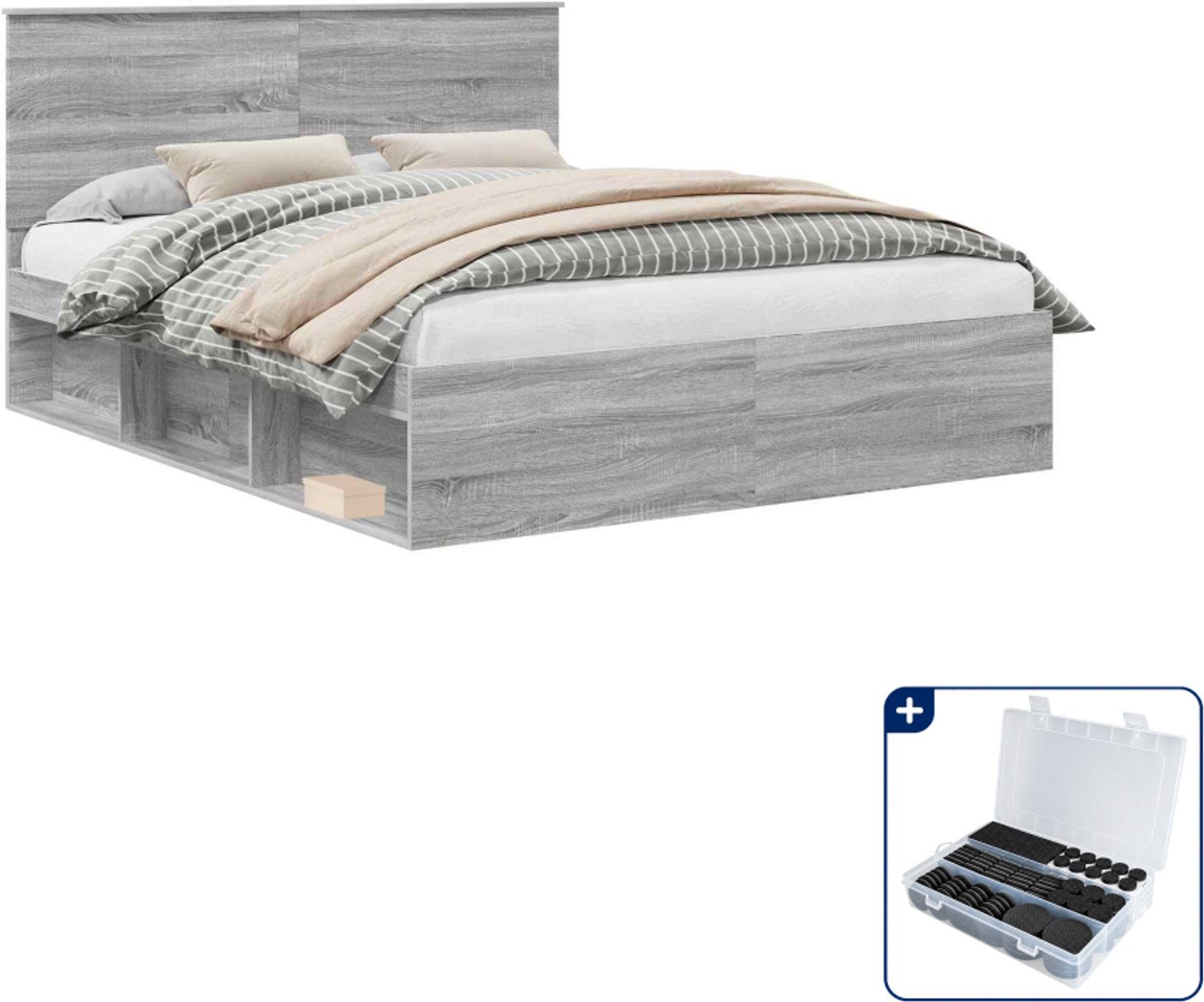 vidaXL bedframe Queensize - 160 x 200 cm - grijs sonoma - Inclusief antikrasvilt 177-delig