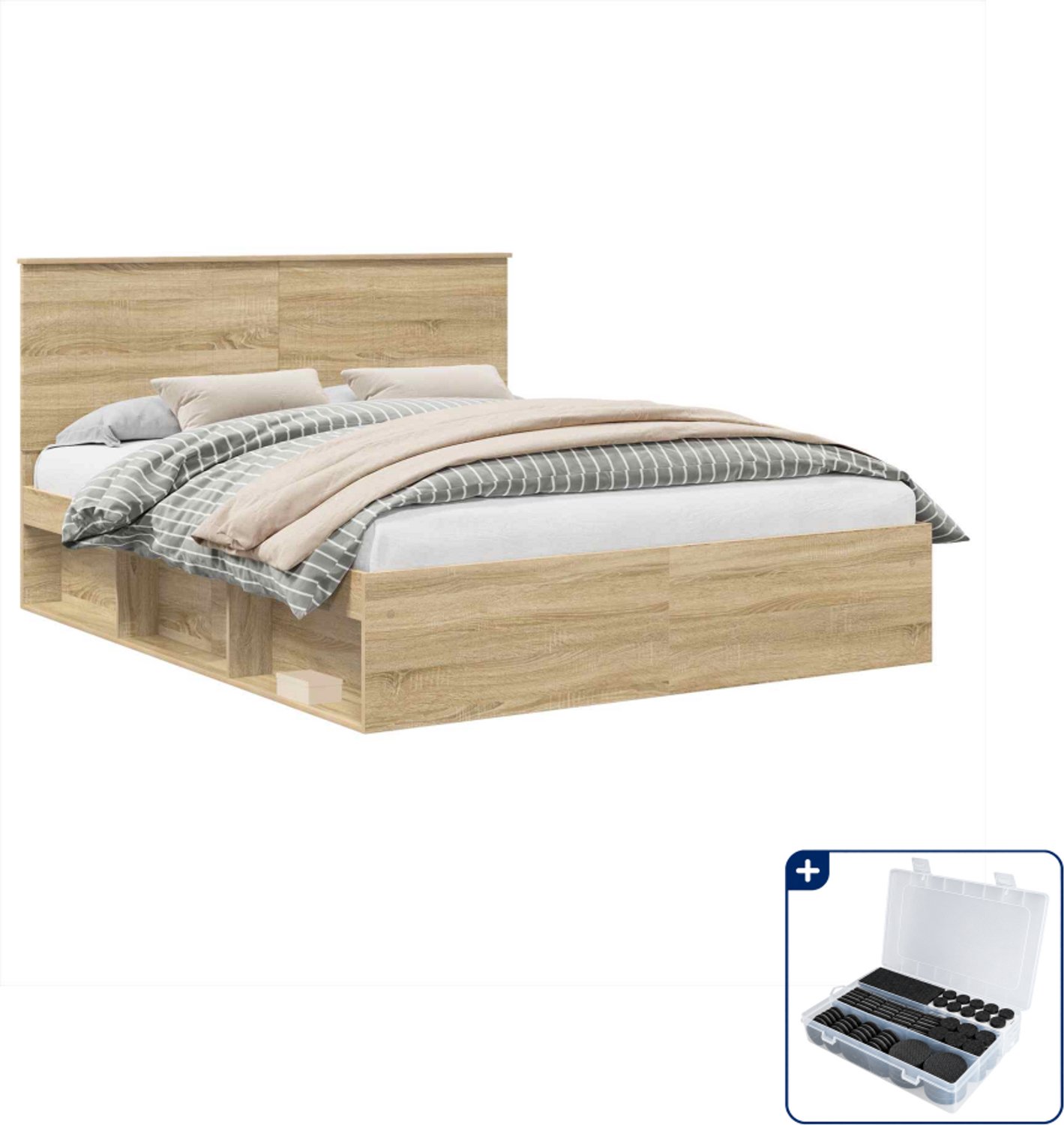 vidaXL Queensize bedframe - 160 x 200 cm - sonoma eiken - Inclusief antikrasvilt 177-delig Zwart
