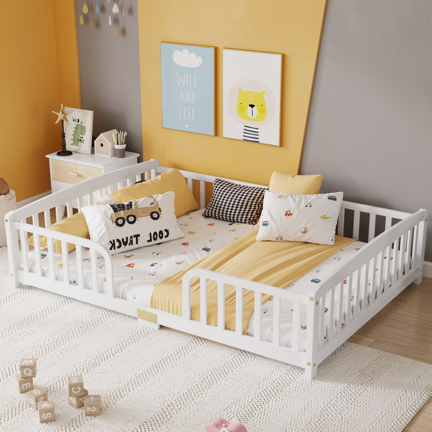 Wishdor Kinderbed 140x200 cm - Laag vloerbed met rondom veiligheidshekken - Centrale instap met afgeronde hoeken - Voor de kinderkamer en zelfstandig slapen - Grenenhout en multiplex - Wit