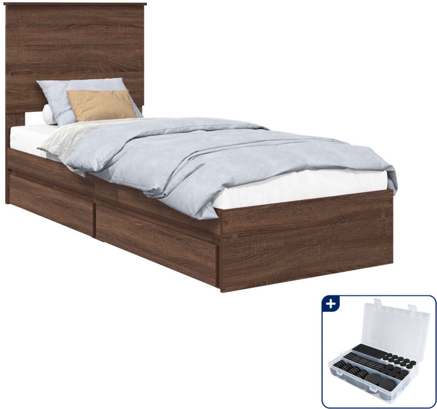 vidaXL bedframe - 75 x 190 cm - bewerkt hout - bruin eiken - Inclusief antikrasvilt 177-delig Grijs