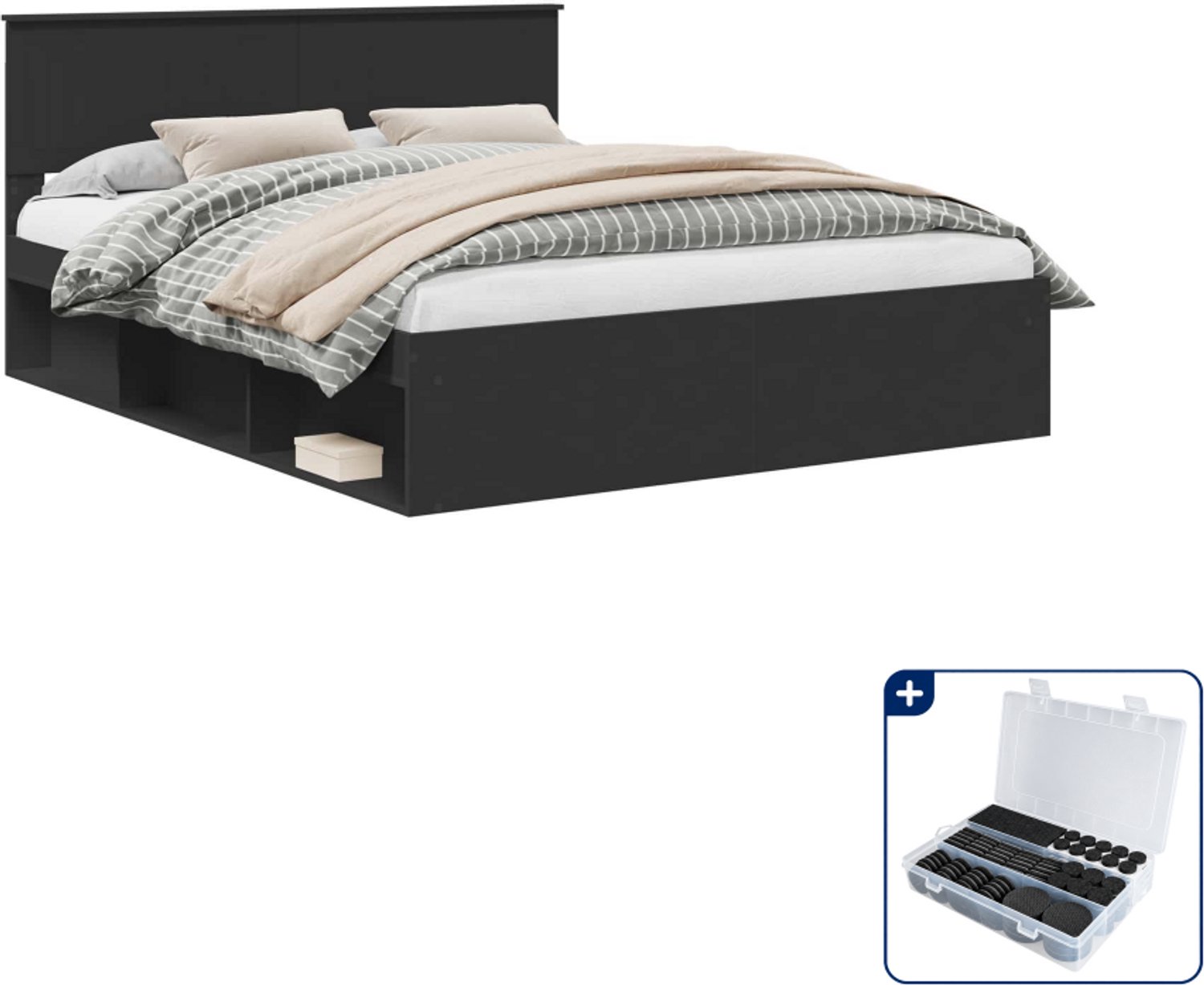vidaXL bedframe met hoofdeinde - Queensize 160 x 200 cm - Zwart - Inclusief antikrasvilt 177-delig Grijs