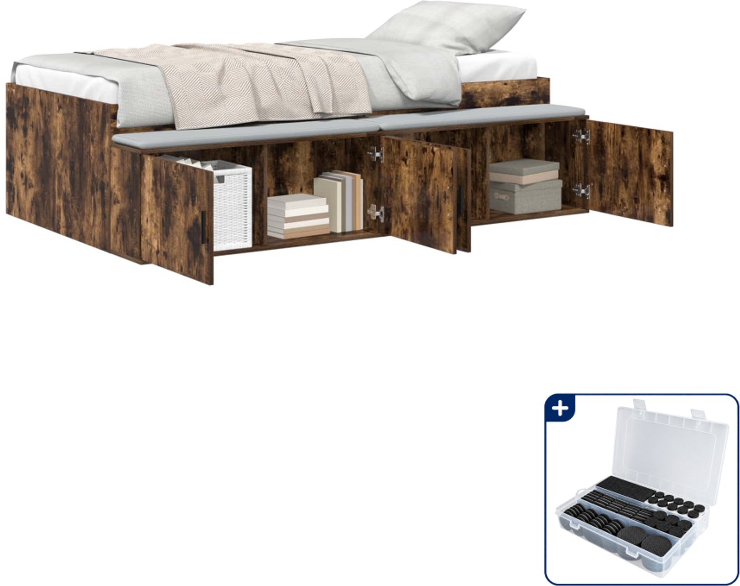 vidaXL bedframe met lade - 80 x 200 cm - bewerkt hout - gerookt eiken - Inclusief antikrasvilt 177-delig Bruin