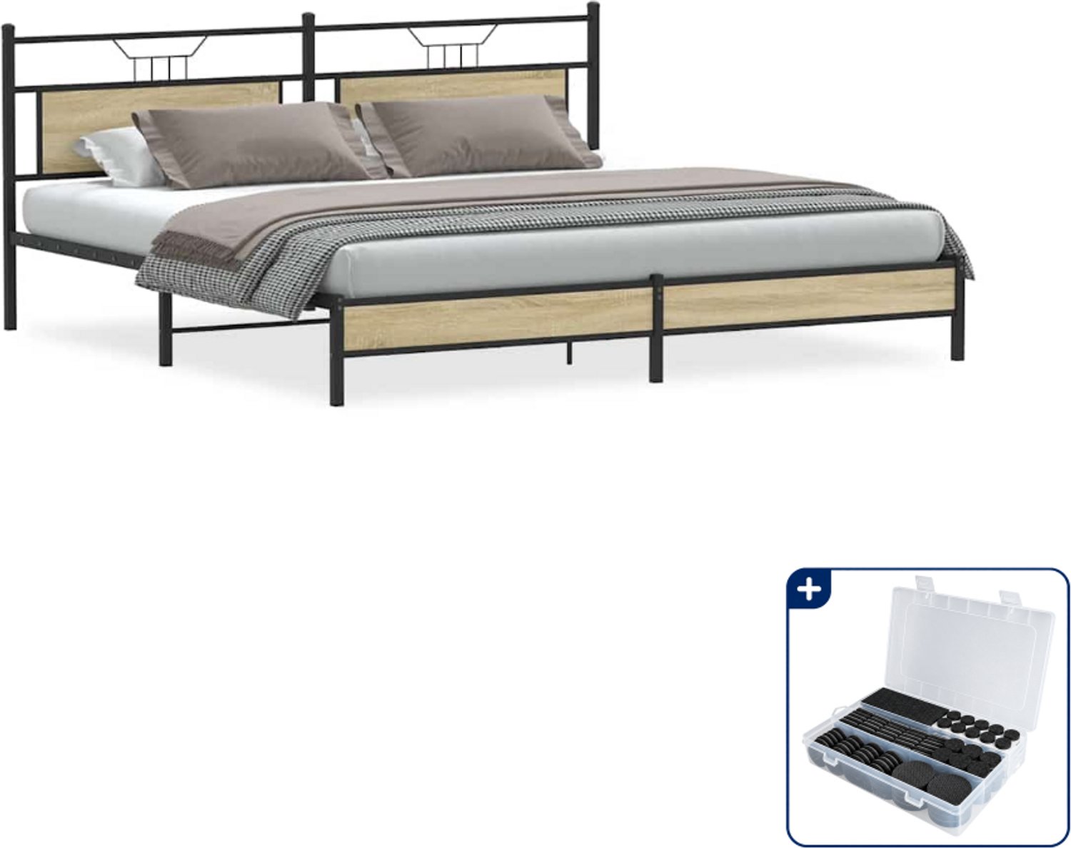 vidaXL bedframe - 193 x 203 cm - staal en bewerkt hout - sonoma eiken - Inclusief antikrasvilt 177-delig Bruin