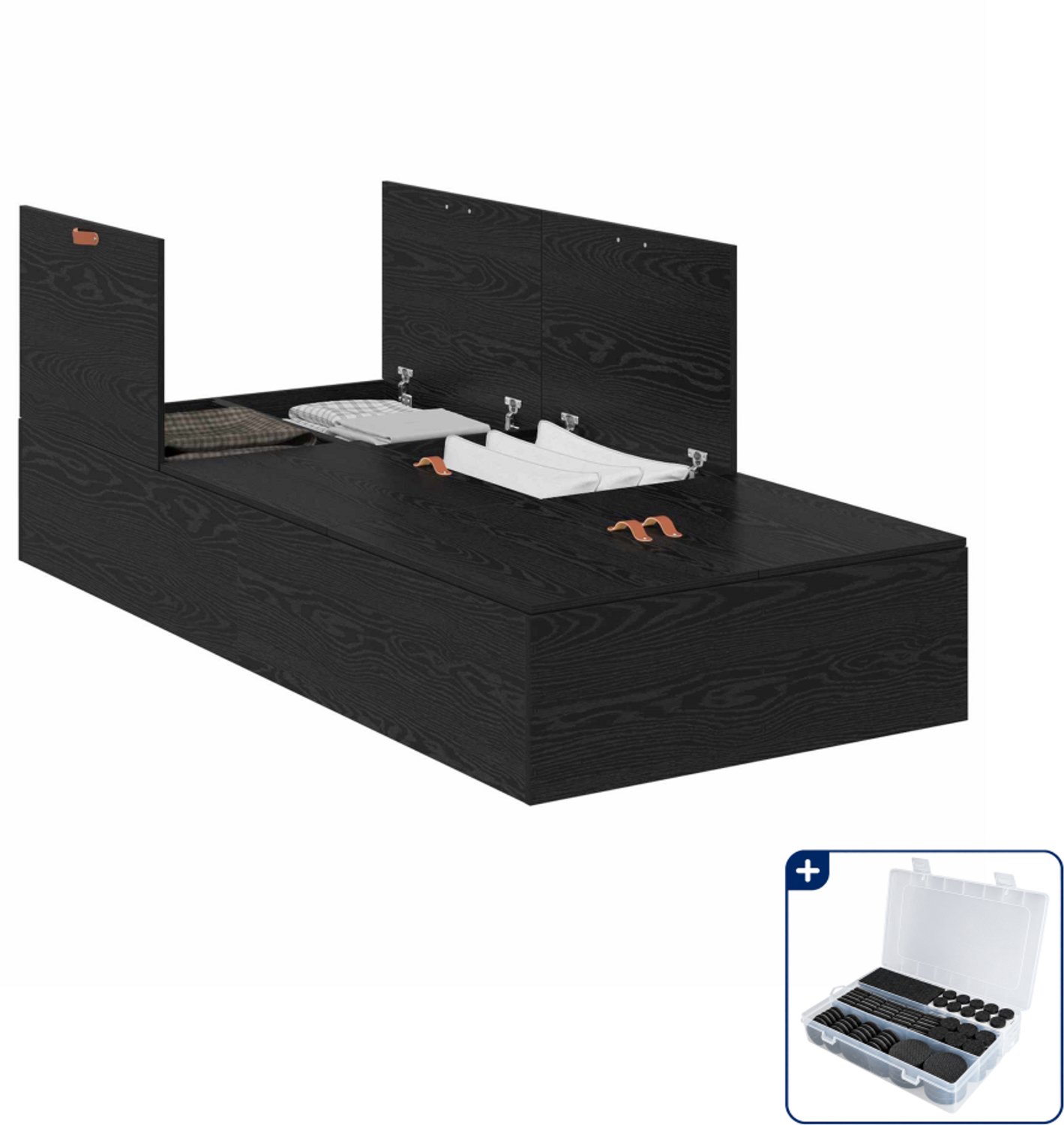vidaXL opbergbedframe - 80 x 200 cm - bewerkt hout - zwart eiken - Inclusief antikrasvilt 177-delig