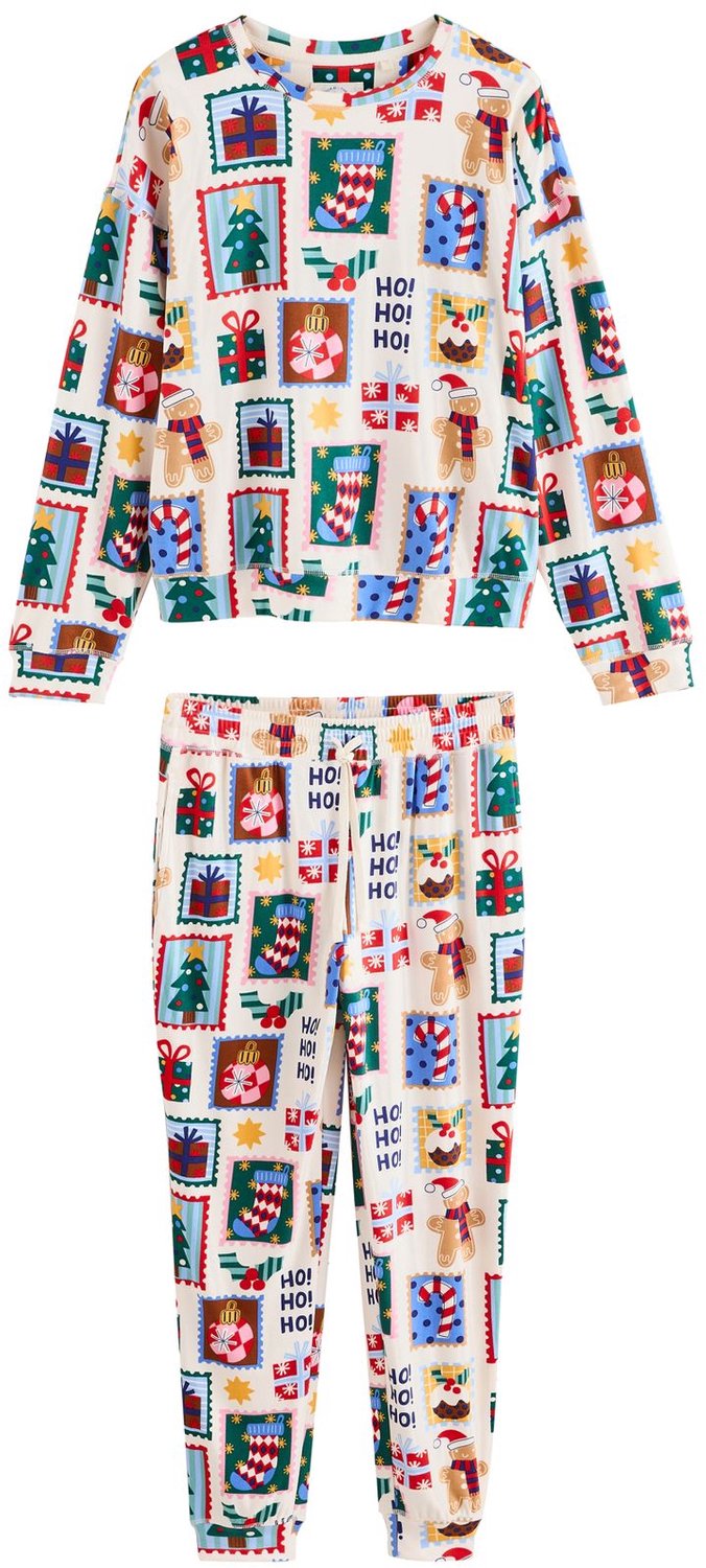 Next Dames - Behaaglijke Matching Family Petite kerstpyjama met lange mouwen - Petite - Crème Ecru Stamps