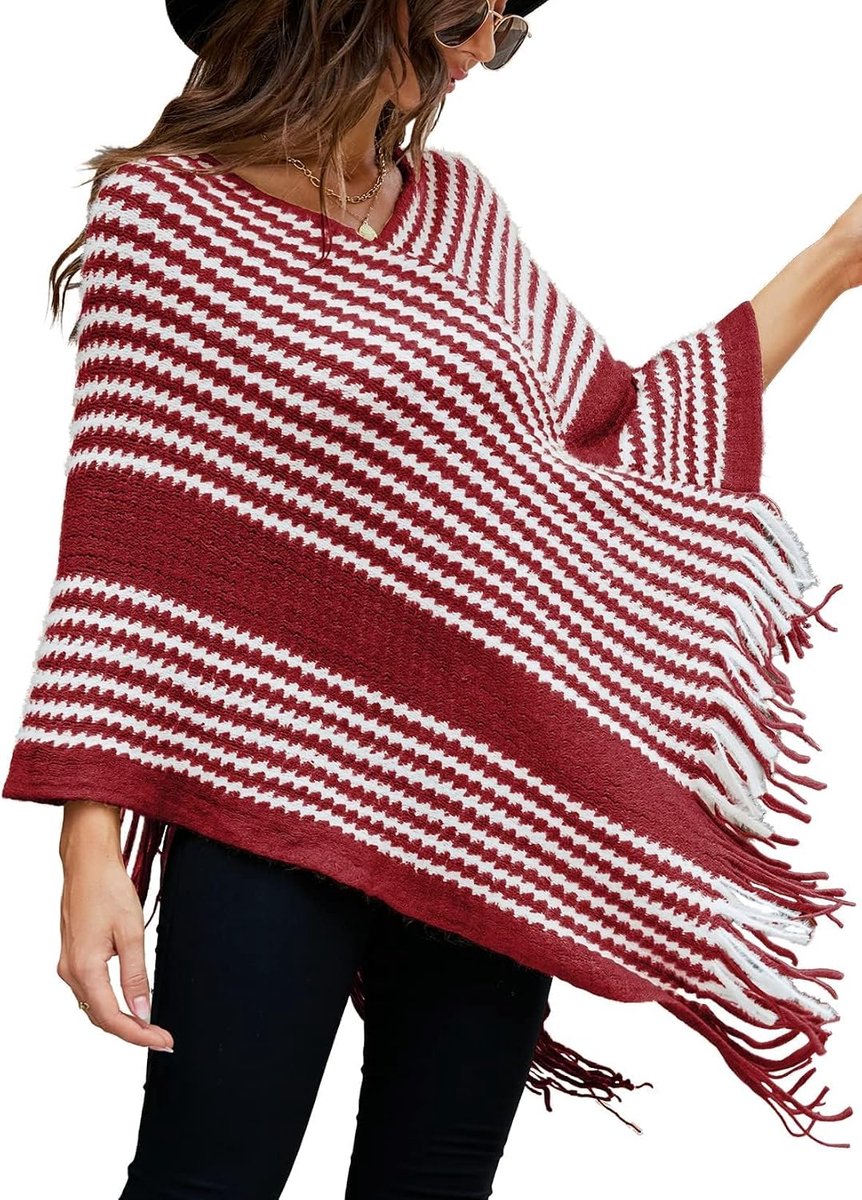 Poncho voor dames, winter, warm, gebreid, met franjes, licht, elegant met strepen